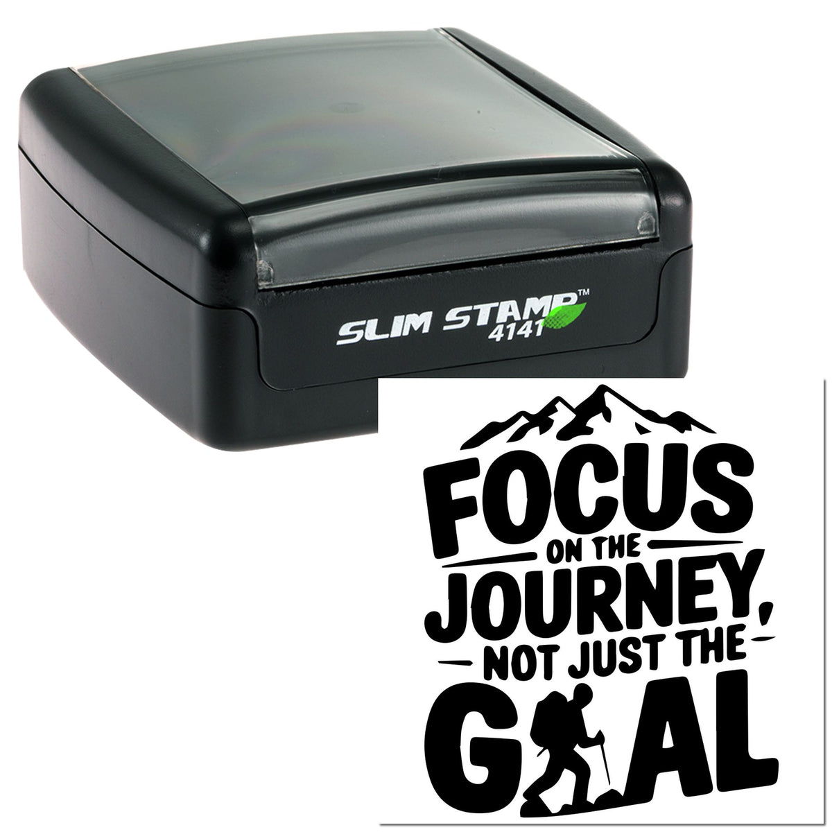 Black slim self-inking stamp and seal featuring FOCUS on the JOURNEY with mountain and hiker design on white.