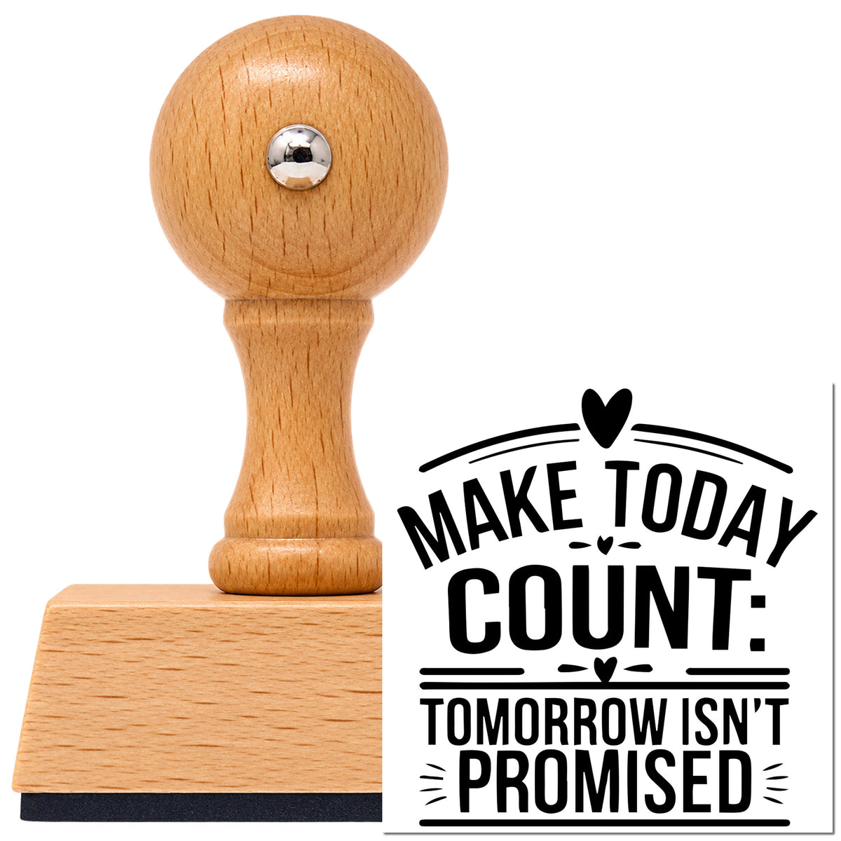 Vintage Pro beech wood stamp with a round knob handle, shown with its black Make Today Count Hearts imprint on white.