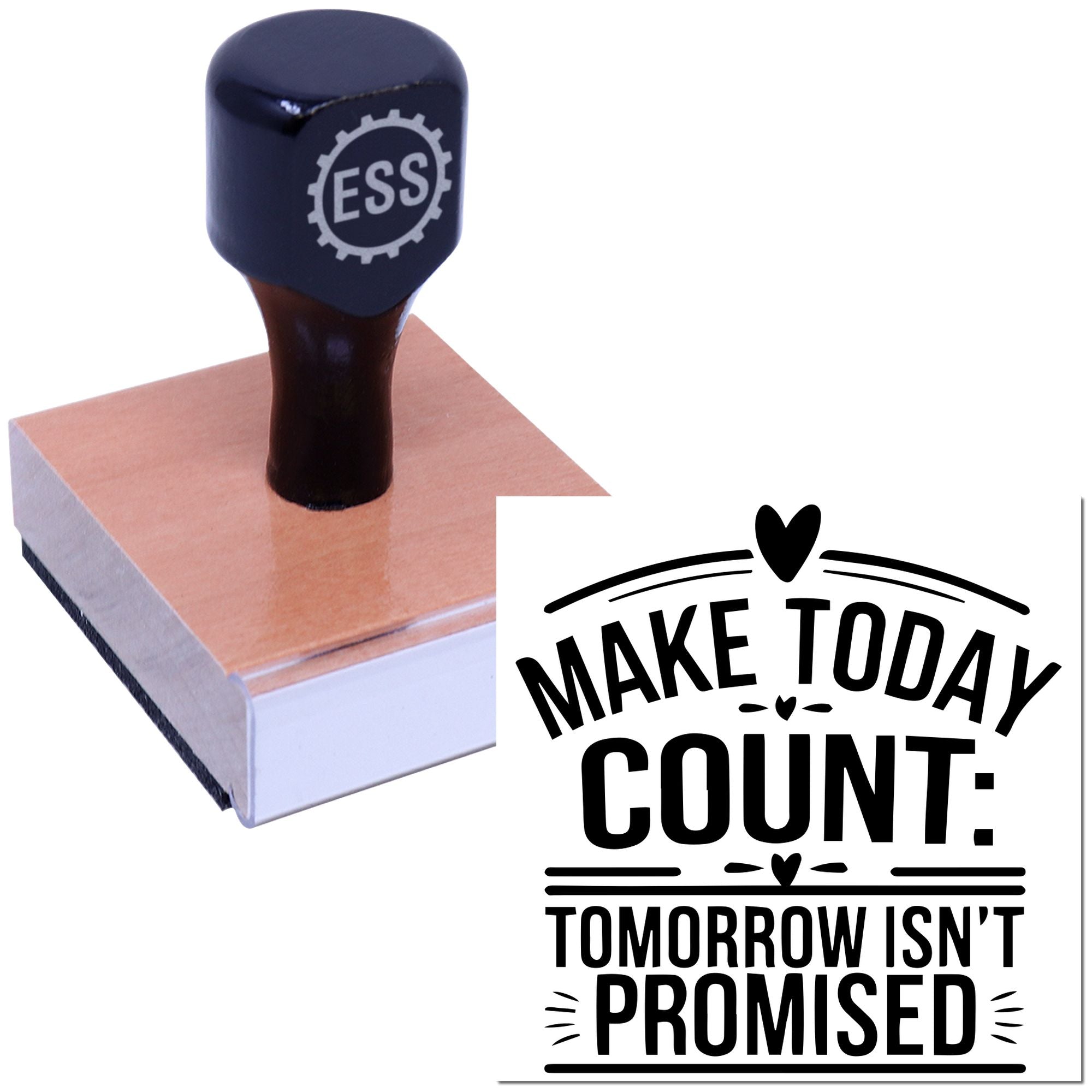 Dark blue rubber stamp on pink seal block with black Make today count: tomorrow isnt promised imprint.