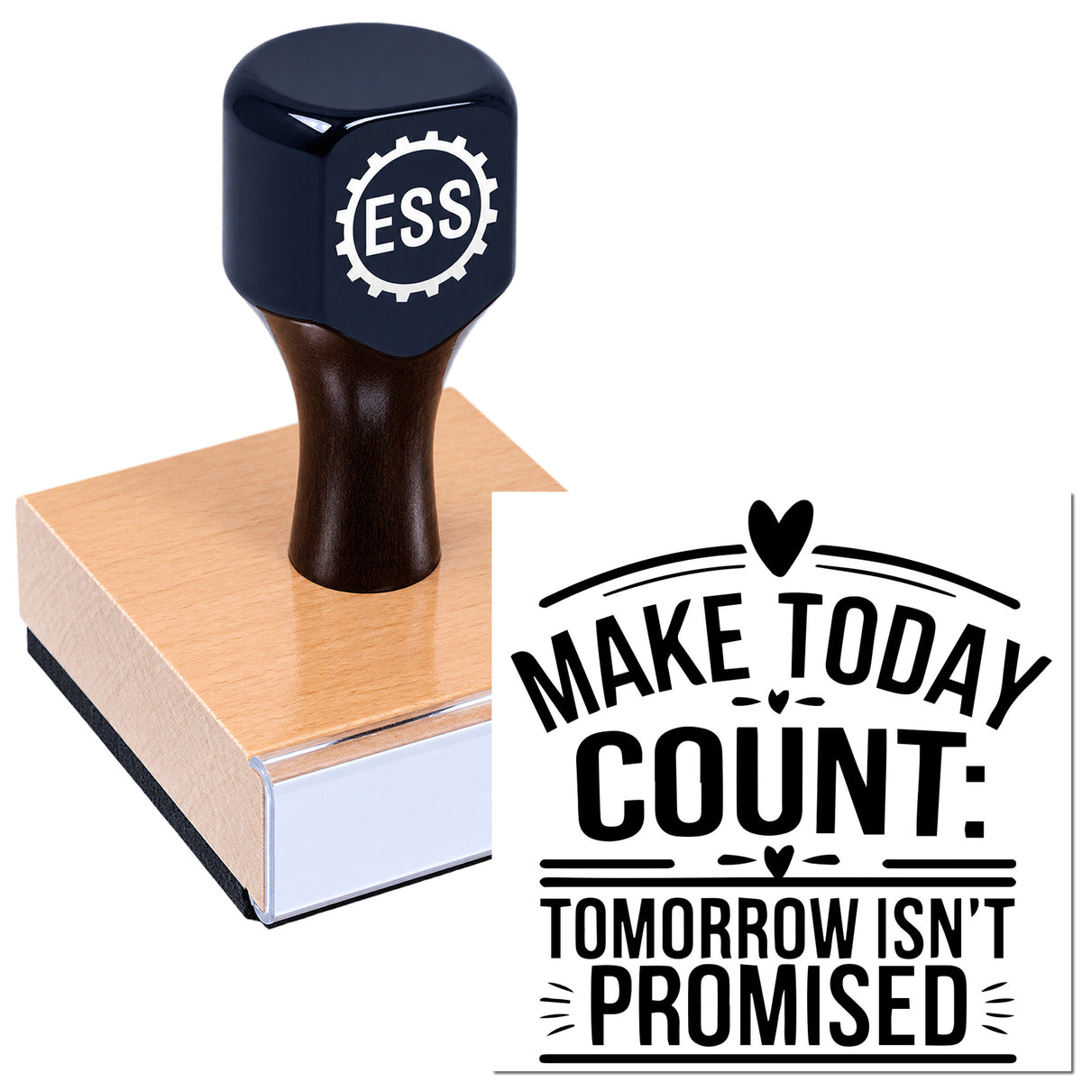 Dark blue rubber stamp on pink seal block with black "Make today count: tomorrow isn't promised" imprint.