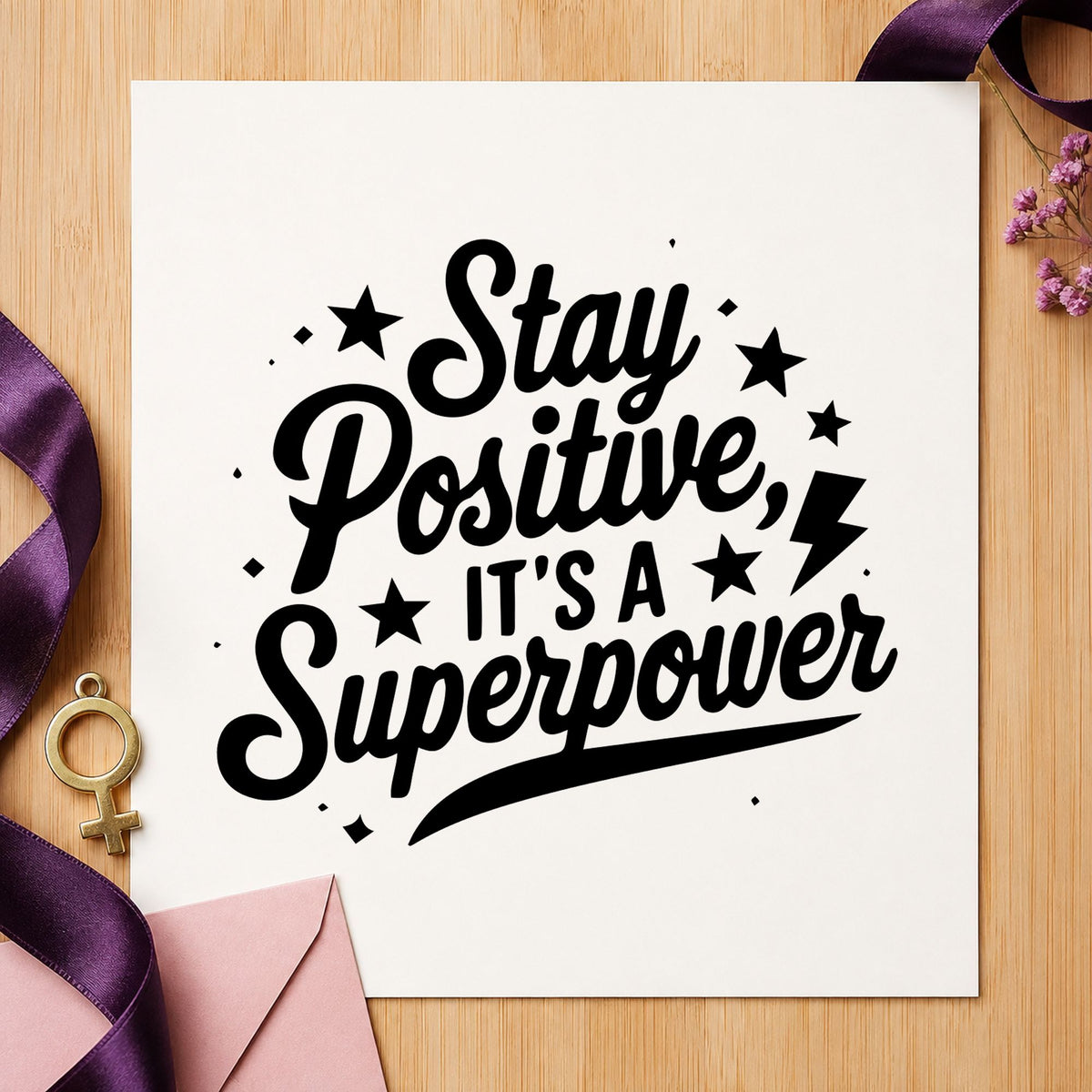 Stay Positive Superpower Stars rubber stamp printed in black ink, ready for page plan sheet and similar paper crafts.