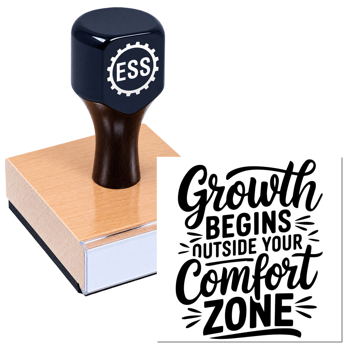 Navy ESS self-inking stamp on a pink wood block with "Growth Begins Outside Your Comfort Zone" seal design.