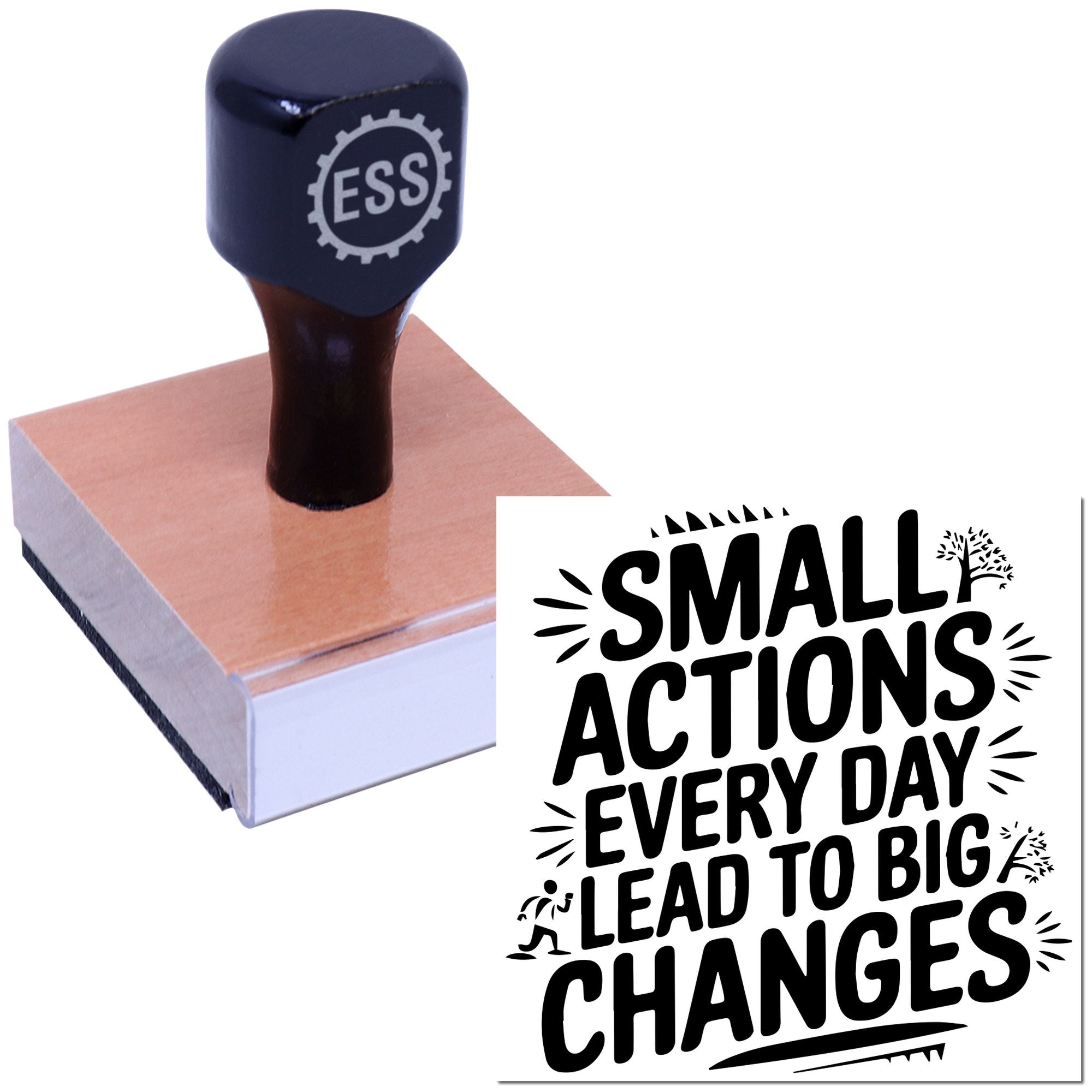 Black ESS rubber stamp on a pink seal block, with bold black Small Actions Every Day Lead to Big Changes lettering.