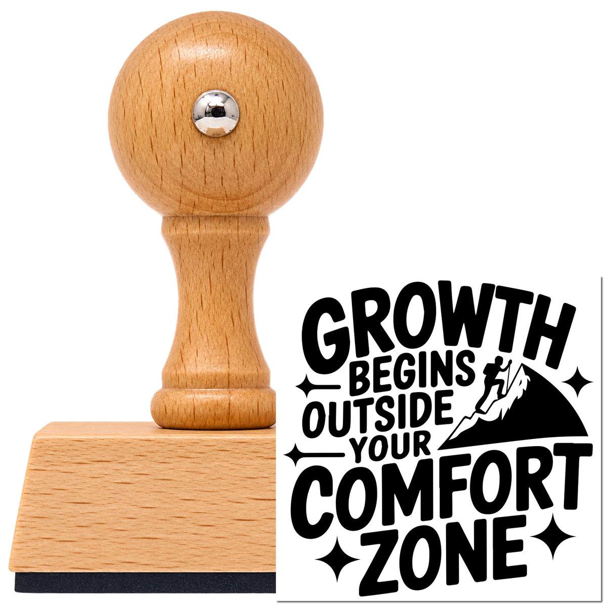 Vintage Pro beech wood stamp with a round knob handle, shown with its black Growth Comfort Zone Climber imprint on white.