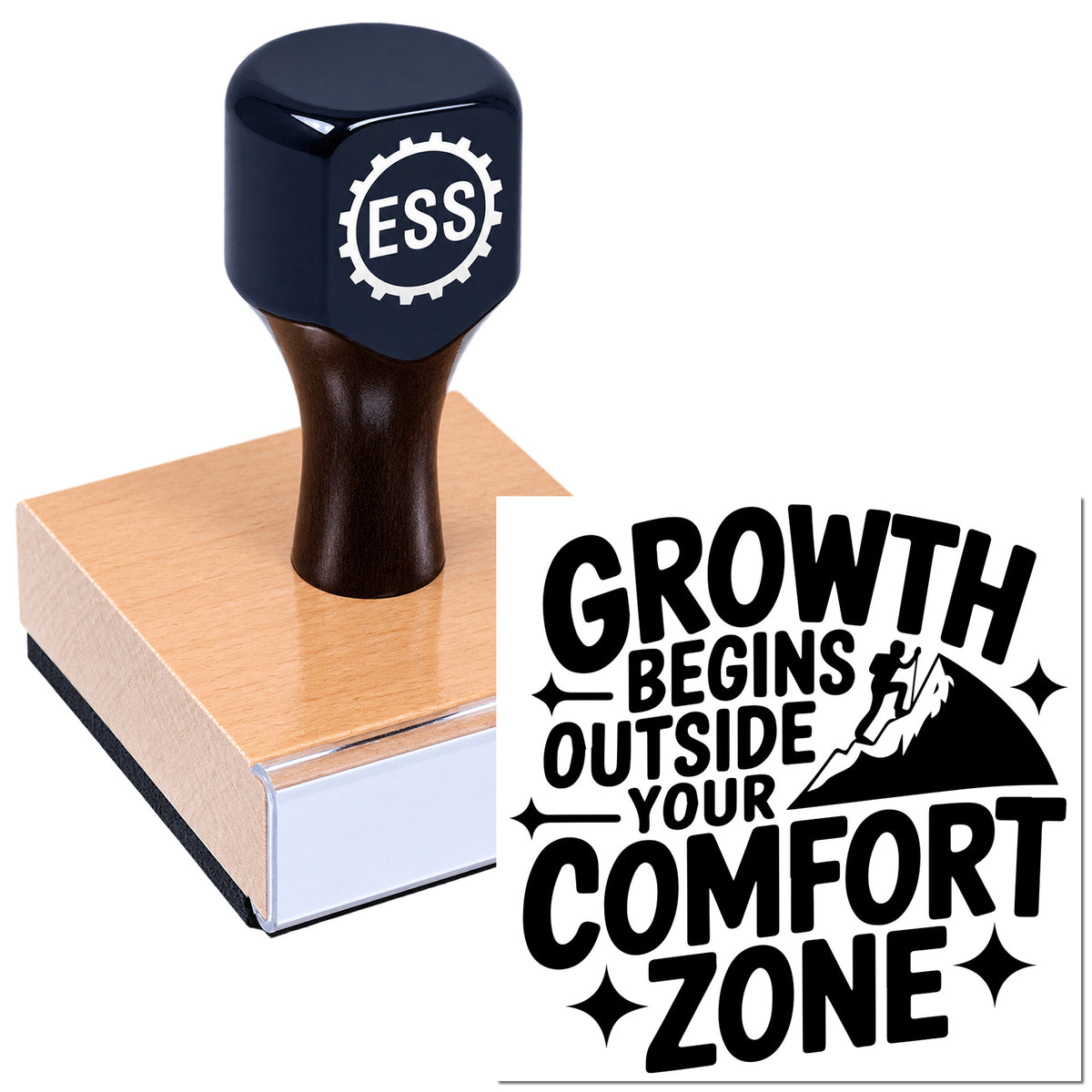 Navy self-inking ESS seal stamp on wood block, with bold black "Growth Begins Outside Your Comfort Zone" text.