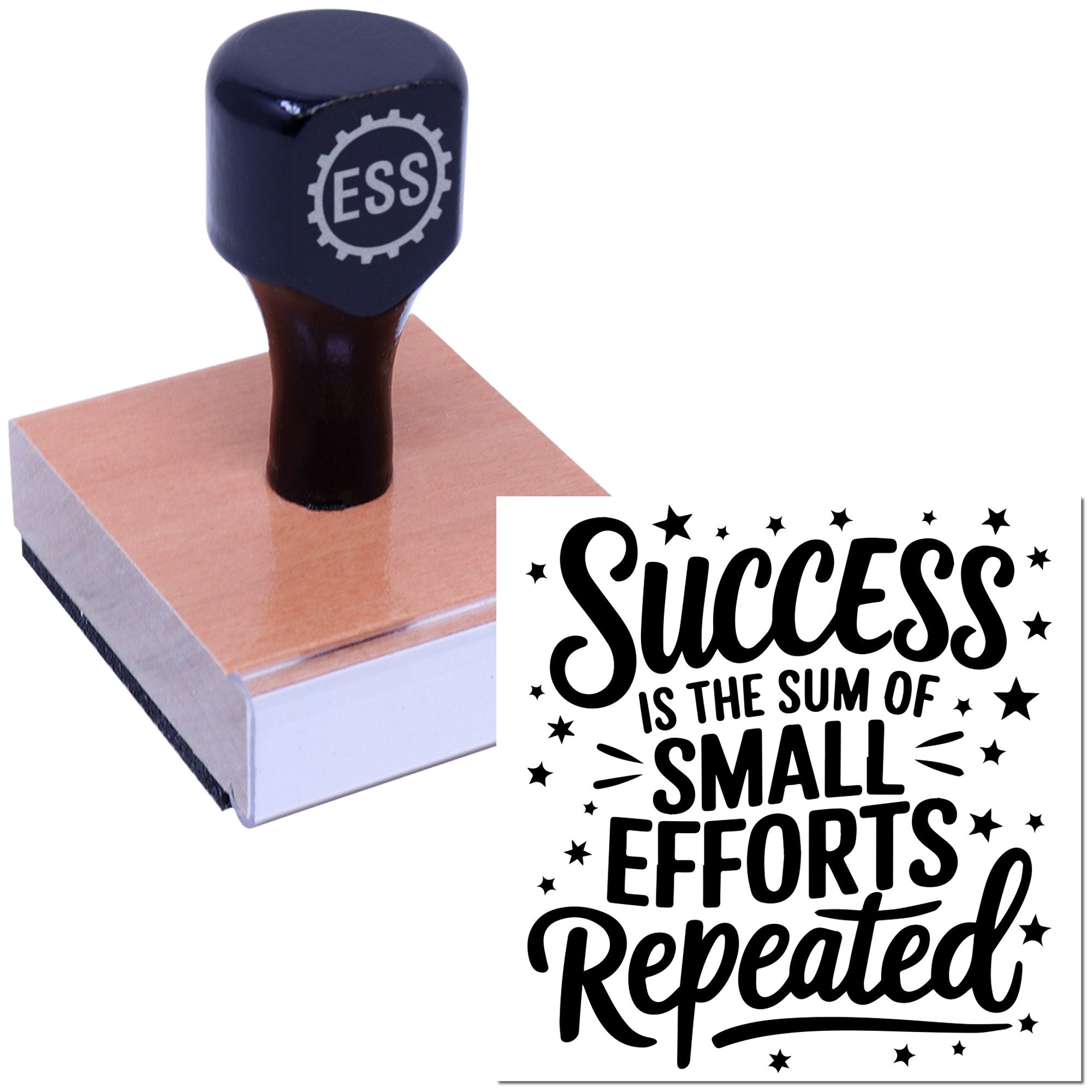 Dark blue ESS rubber stamp on a wooden seal block with motivational Success is the sum of small efforts repeated text.