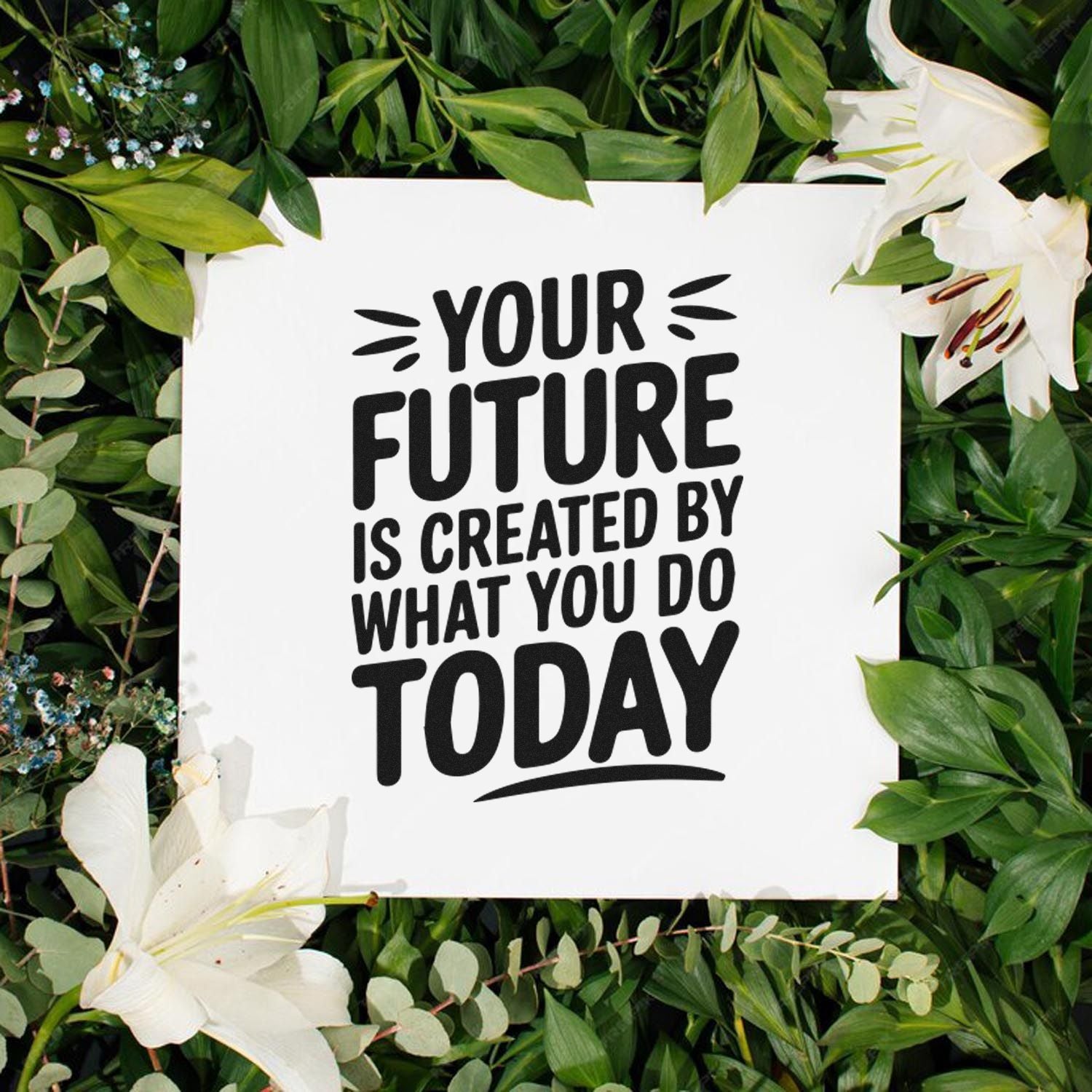 White custom stamp seal with black Your Future Is Created By What You Do Today text on green leaves and white lilies.