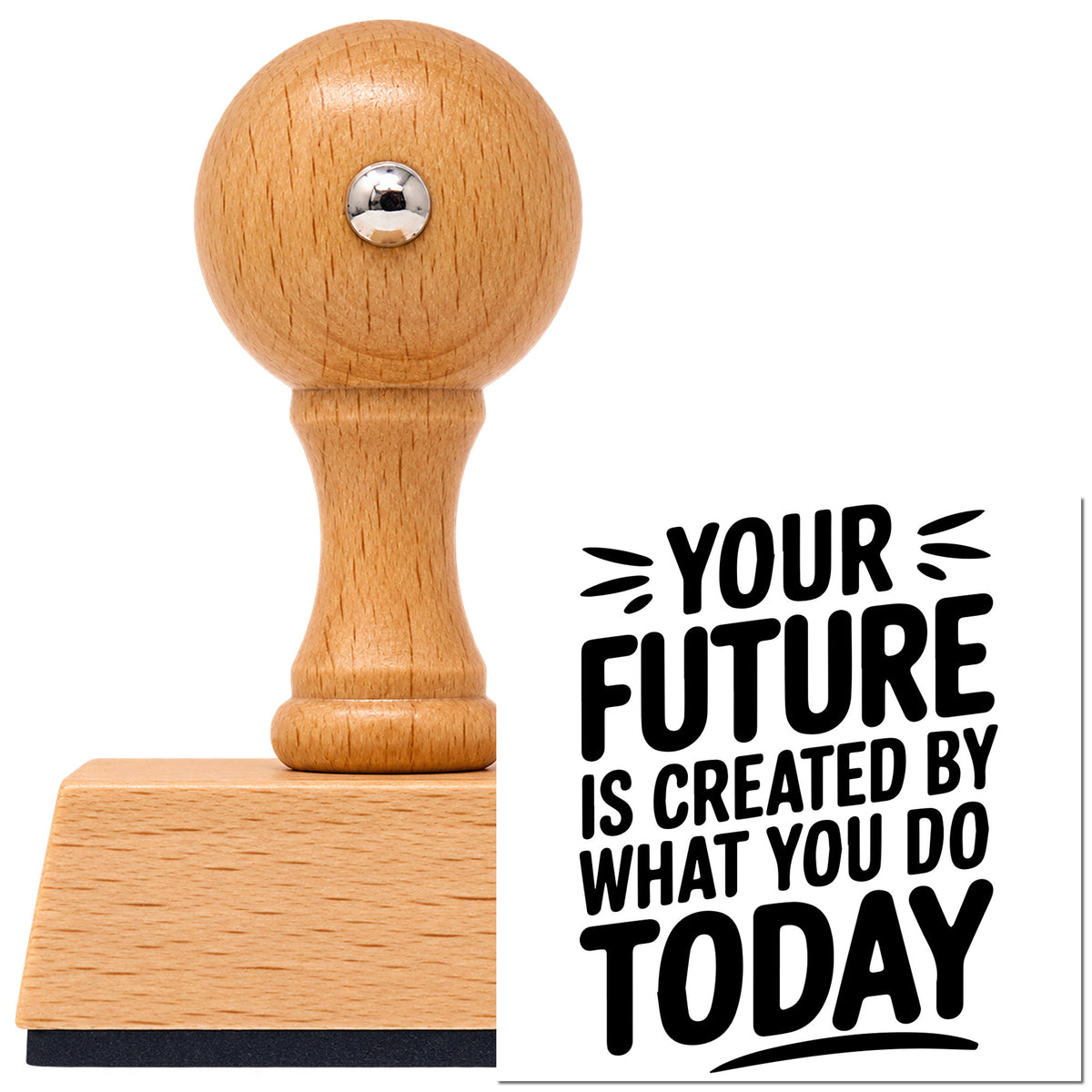 Vintage Pro beech wood stamp with a round knob handle, shown with its black Your Future Created Today imprint on white.