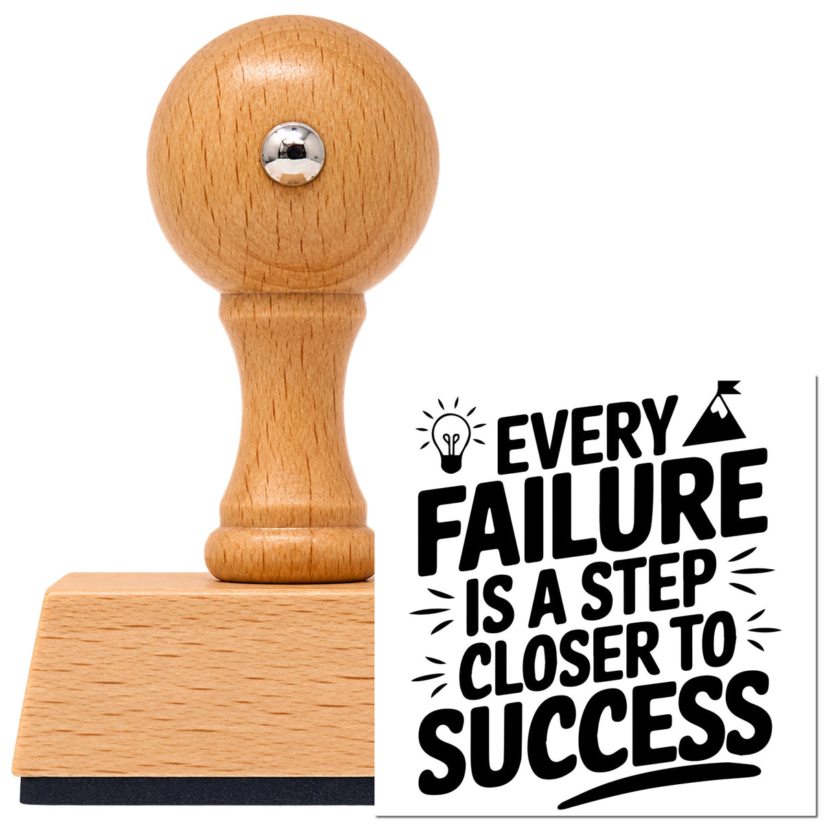 Vintage Pro beech wood stamp with a round knob handle, shown with its black Every Failure Is A Step Closer To Success imprint on white.