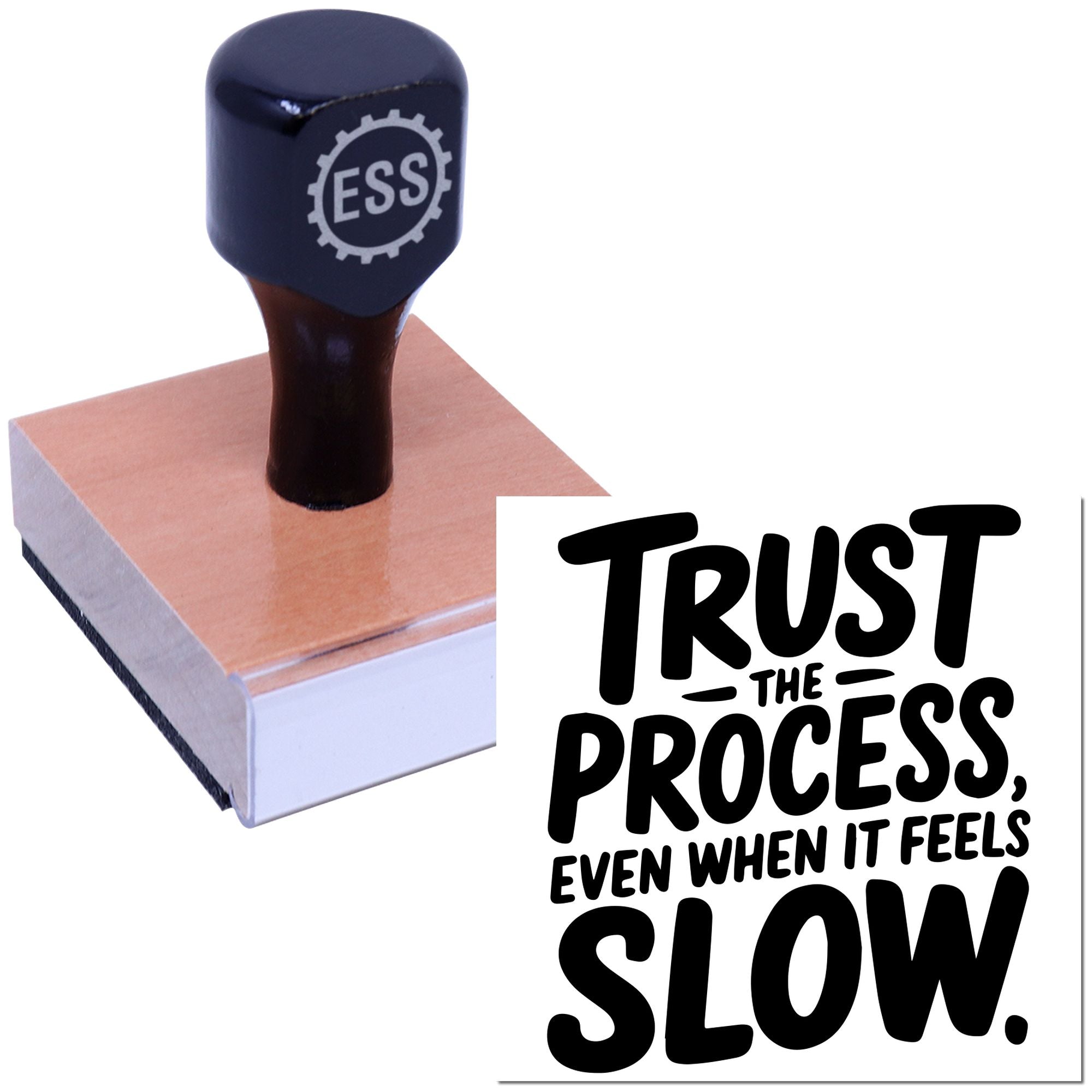 Black ESS stamp and seal tool pressing a copper seal block, with bold black Trust the Process text on white.