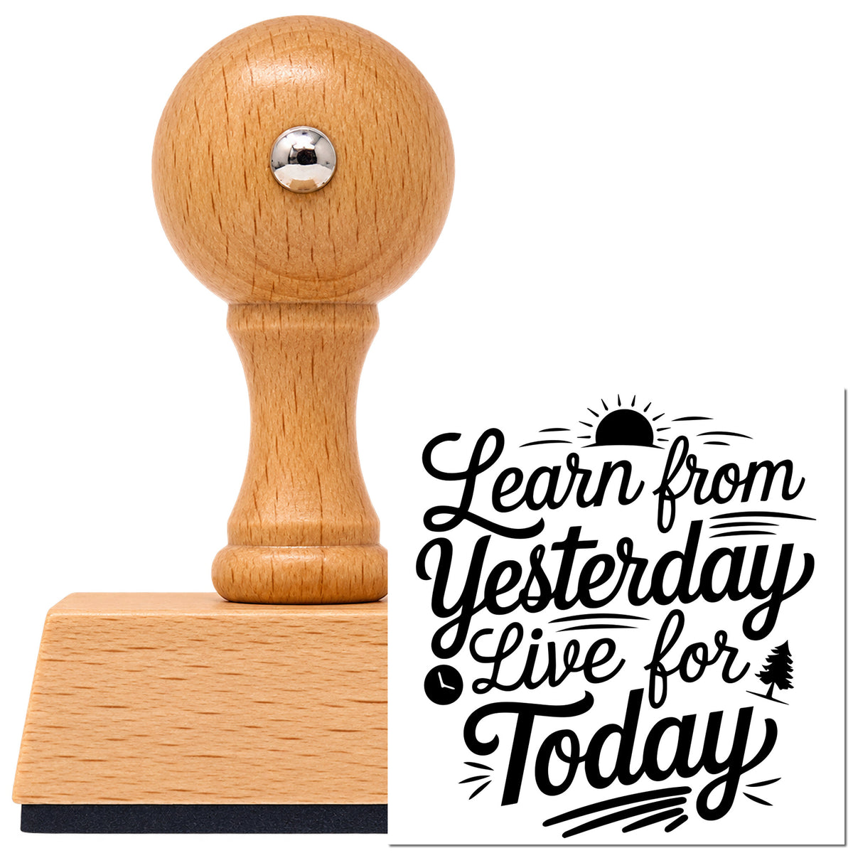 Vintage Pro beech wood stamp with a round knob handle, shown with its black Learn From Yesterday Live For Today imprint on white.