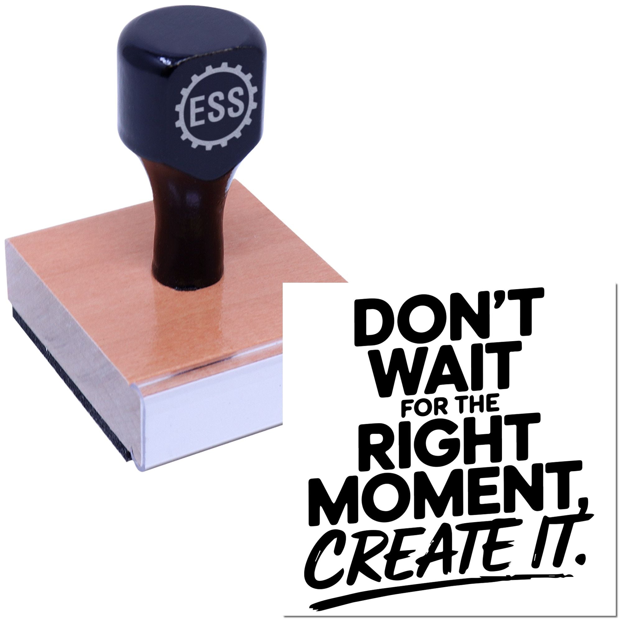 Dark navy ESS stamp and seal pressing a salmon-colored block beside bold black Dont wait text.