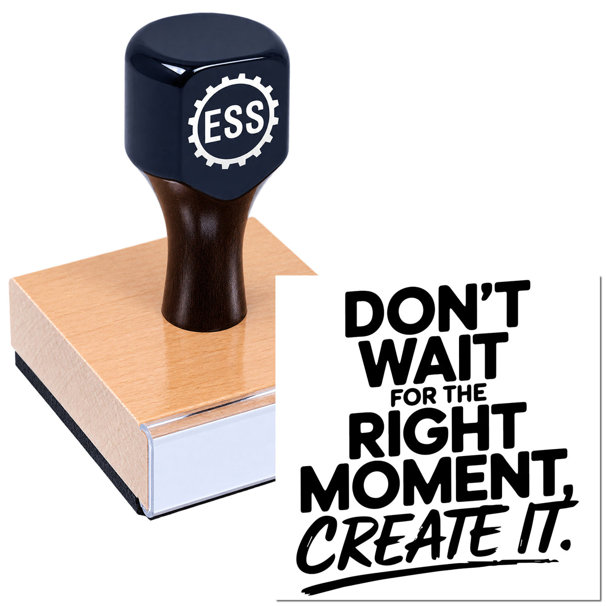 Dark navy ESS stamp and seal pressing a salmon-colored block beside bold black "Don't wait" text.