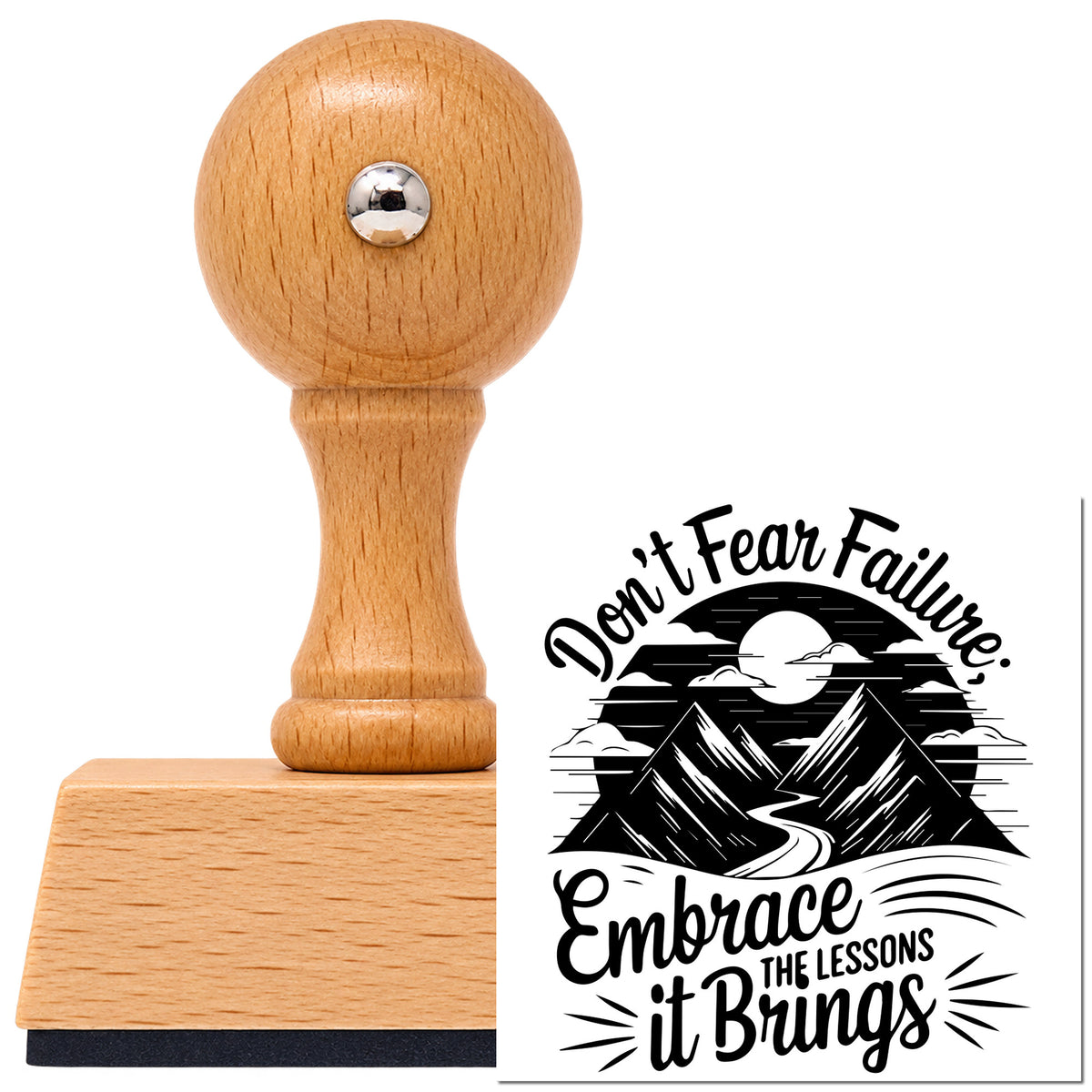 Vintage Pro beech wood stamp with a round knob handle, shown with its black Embrace Lessons Failure Mountains imprint on white.