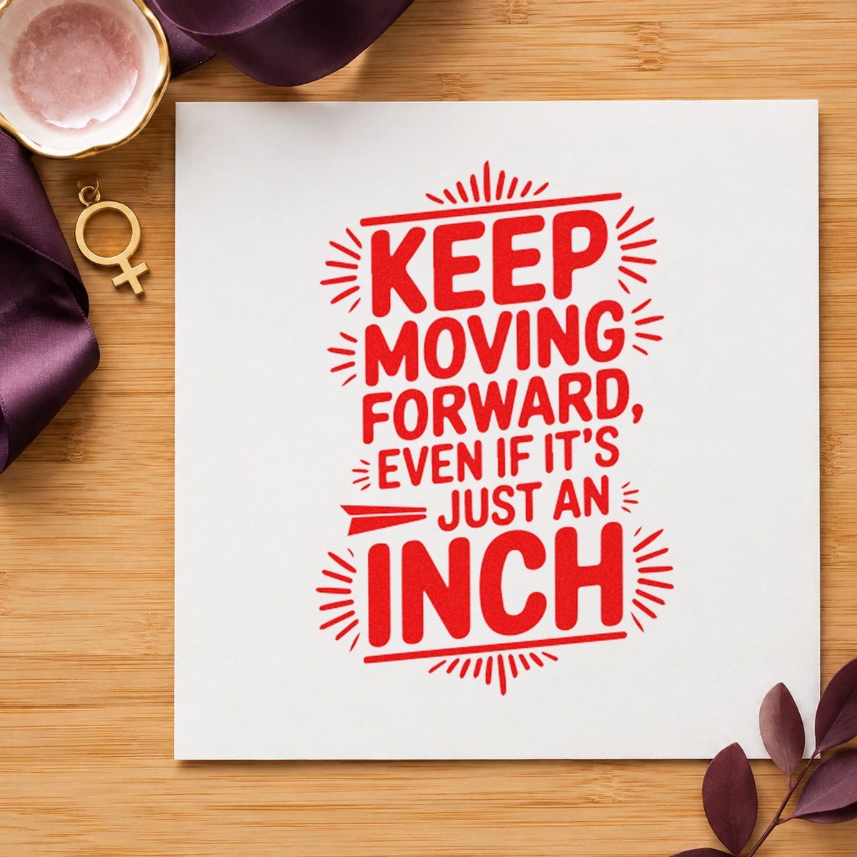 Keep Moving Forward Inch craft stamp imprint in red ink on a handmade project, one idea being weekend log cards.