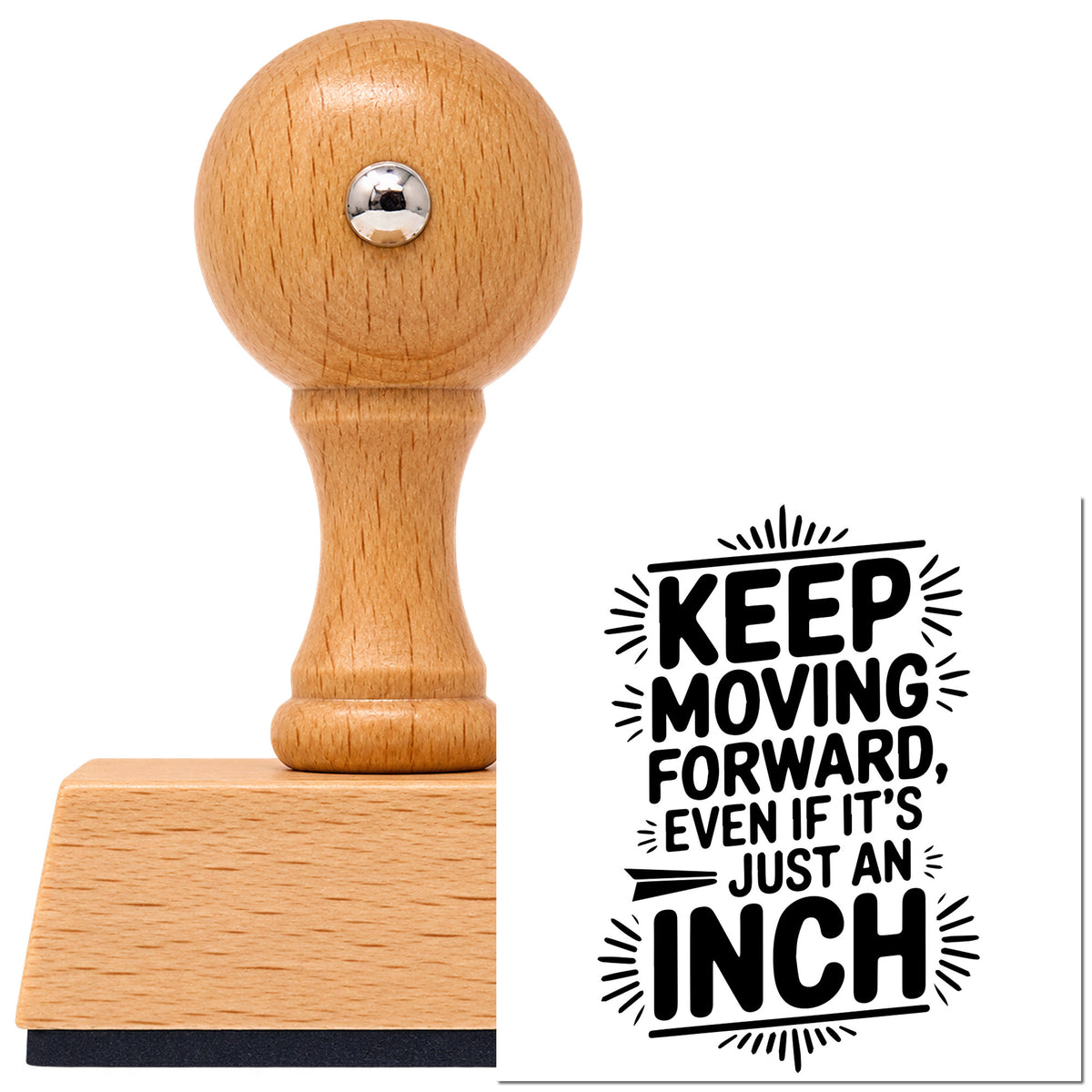 Vintage Pro beech wood stamp with a round knob handle, shown with its black Keep Moving Forward Inch imprint on white.