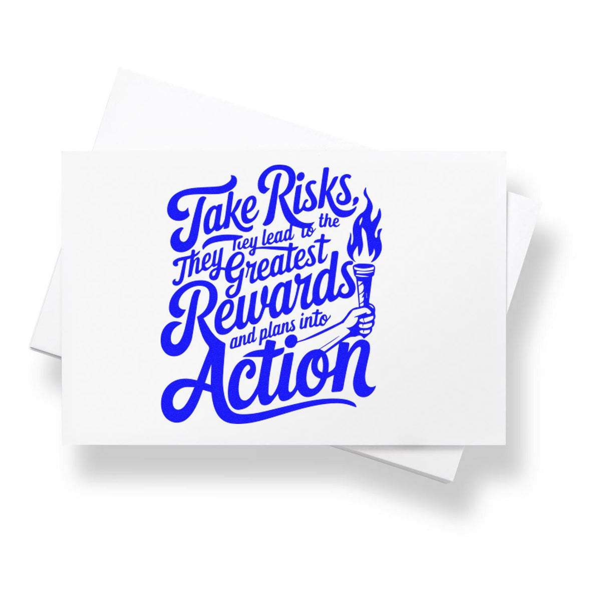 Blue stamp and seal design with motivational quote Take Risks... Greatest Rewards... Action and a torch icon on white card.