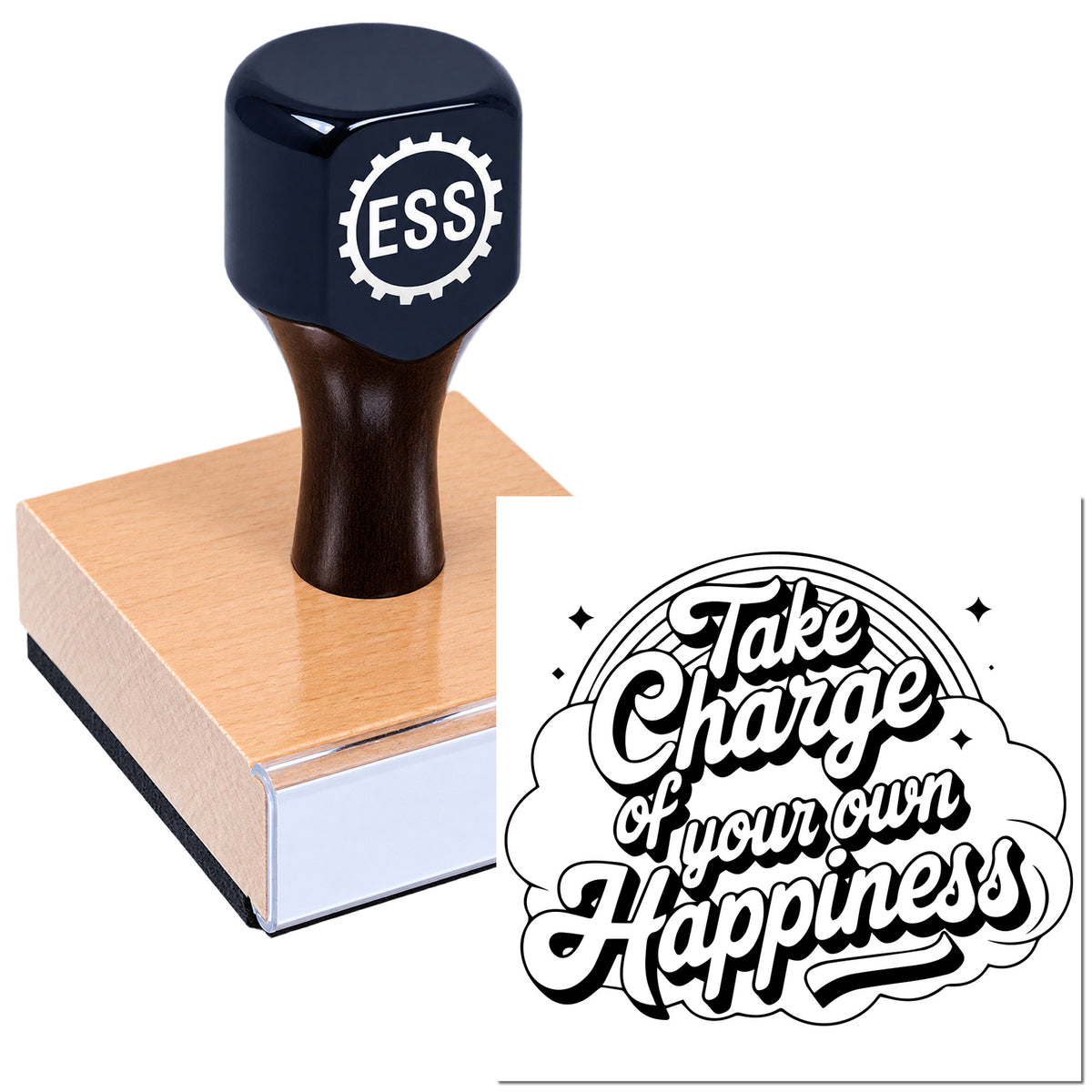 Black ESS custom stamp on a copper seal block beside a black-and-white quote seal reading "Take Charge of your own Happiness."
