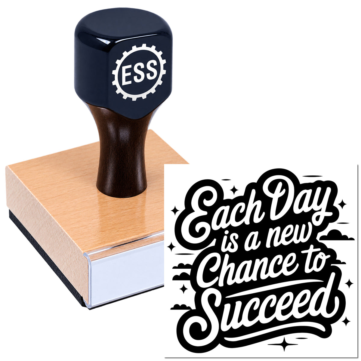 Dark navy ESS rubber stamp on a pink wooden block, beside black-and-white "Each Day is a new Chance to Succeed" seal artwork.