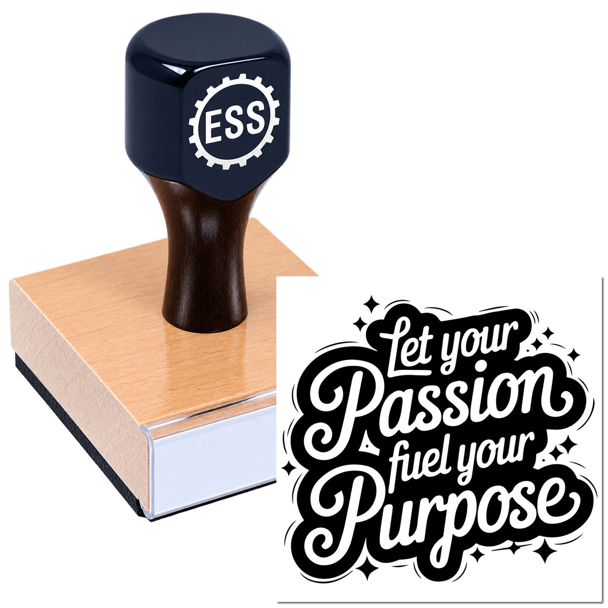 Black ESS stamp and seal product on pink block with "Let your Passion fuel your Purpose" graphic.