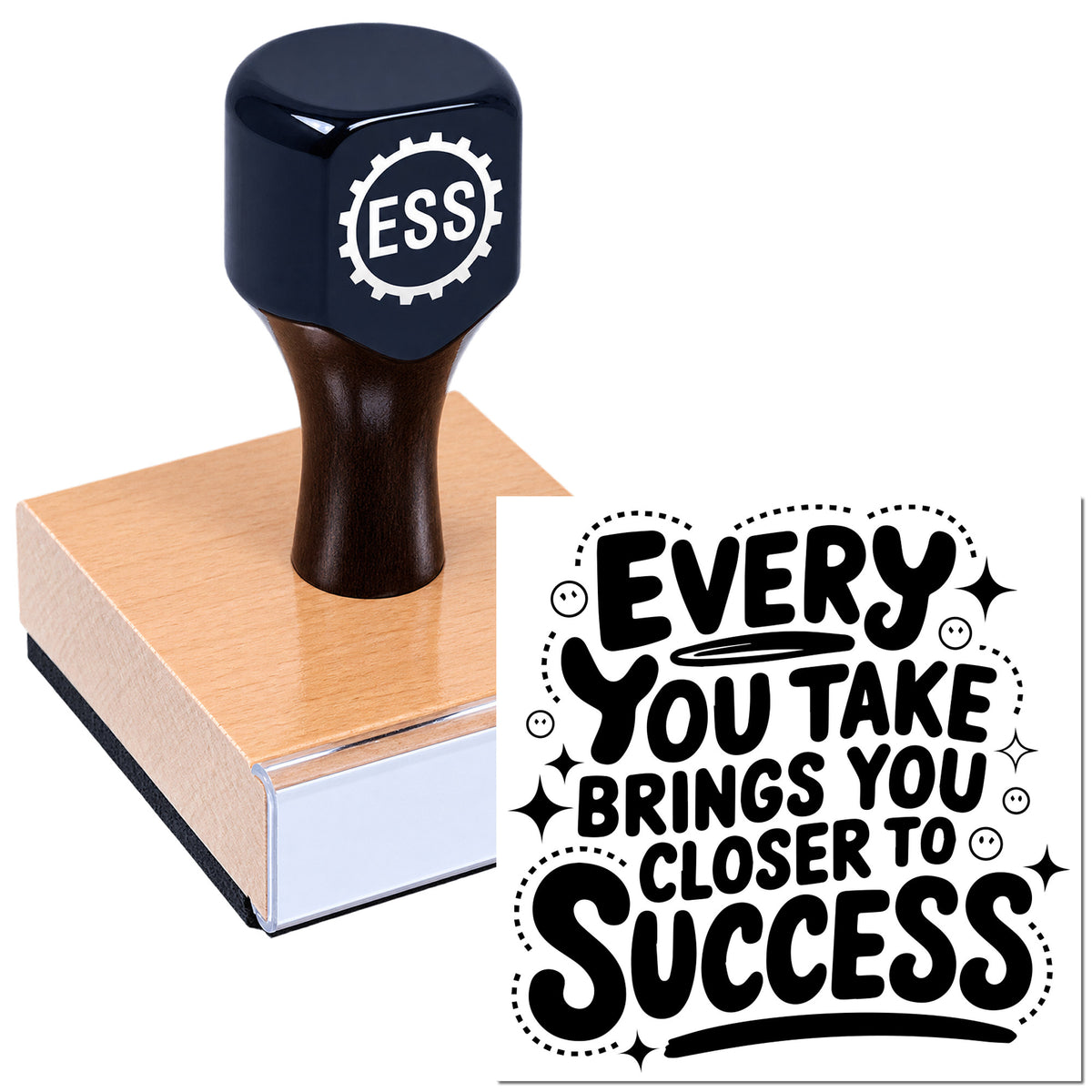 Black ESS stamp on a pink seal block with bold text reading "Every you take brings you closer to success."
