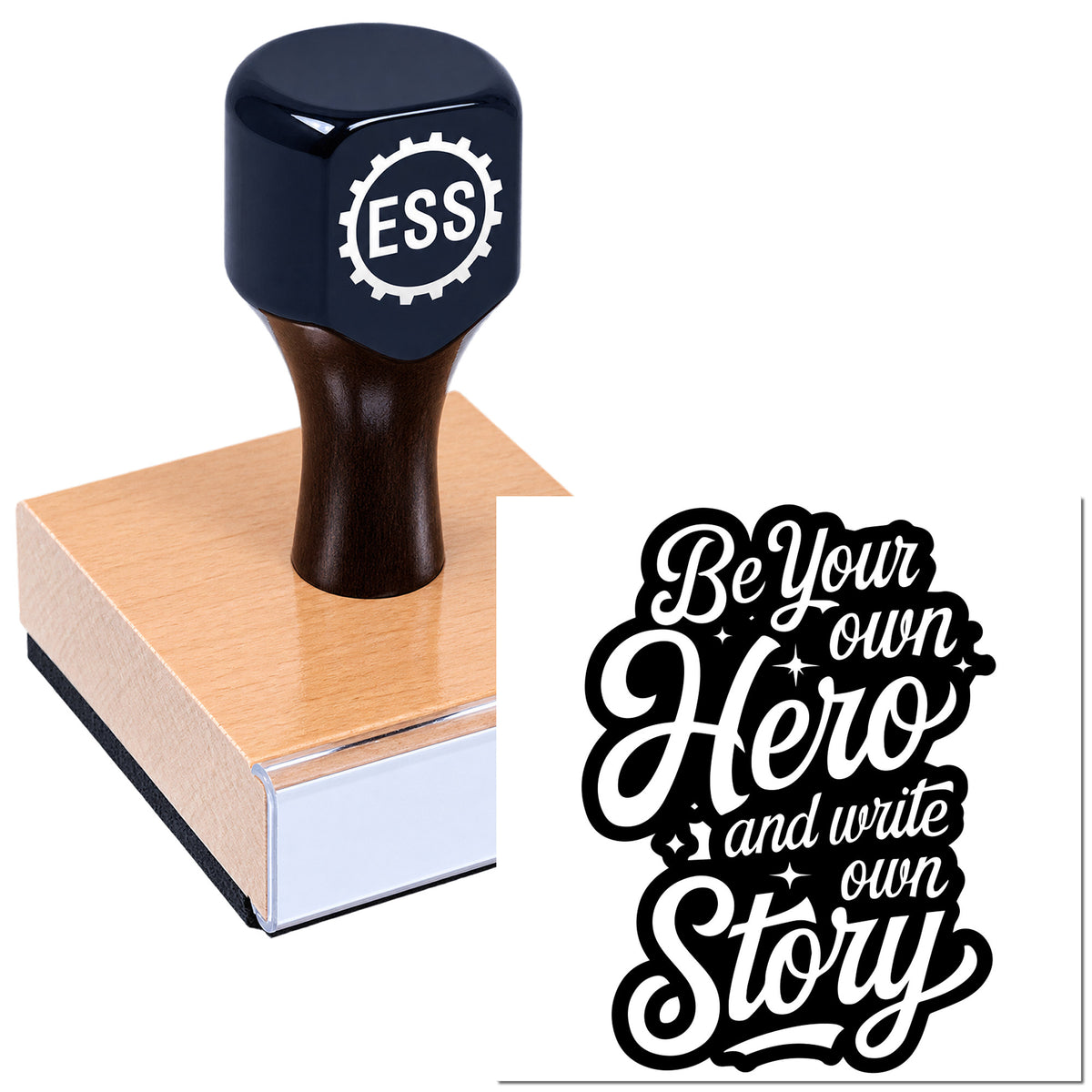Black ESSI stamp on pink seal block with white "Be Your Own Hero" lettering for custom stamp and seal products