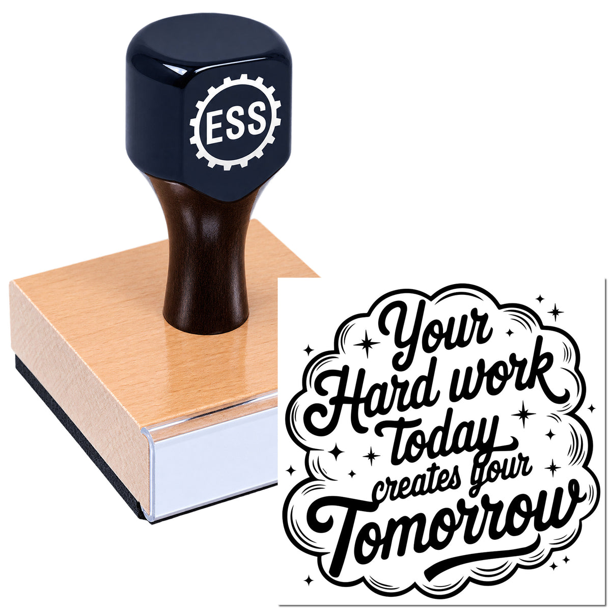 Dark navy custom rubber stamp with ESS logo pressing into a peach wooden block, alongside black script seal reading "Your hard work today..."