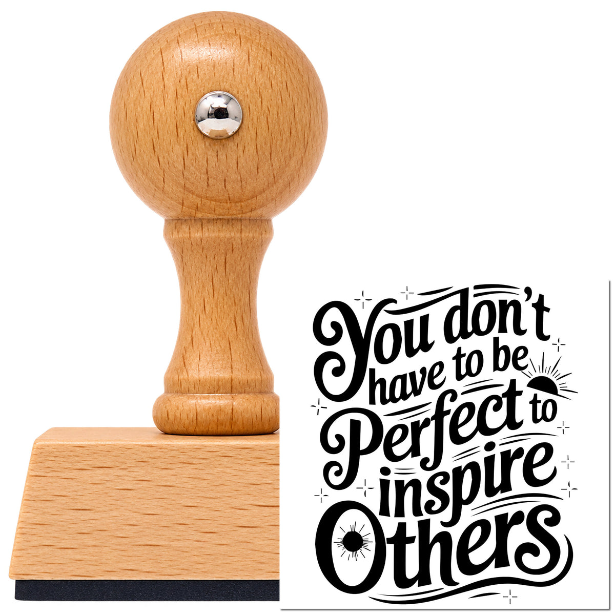 Vintage Pro beech wood stamp with a round knob handle, shown with its black Inspire Others Without Perfection Script Lettering imprint on white.