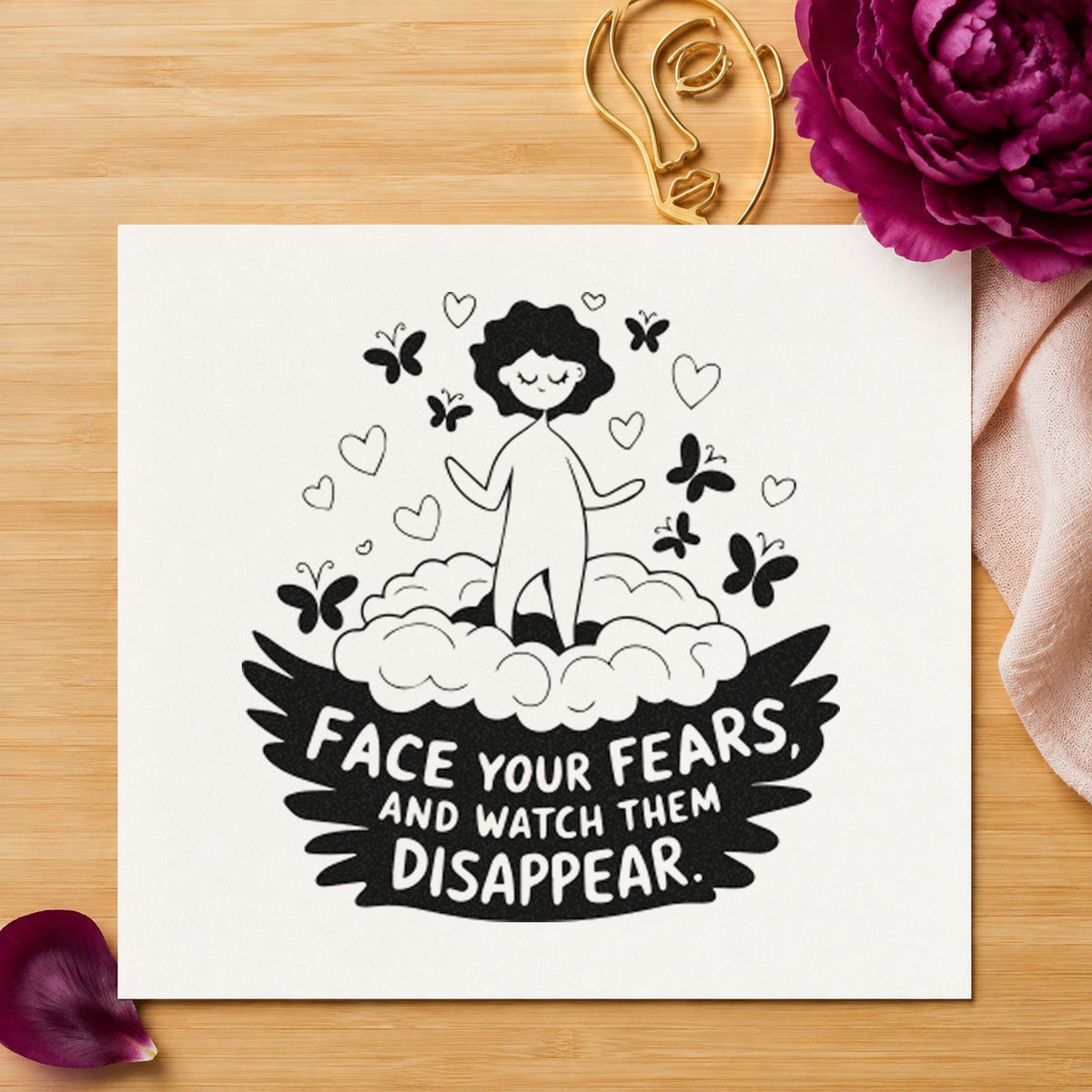 Face Fears Floating Child rubber stamp printed in black ink, ready for packing check sheet and similar paper crafts.