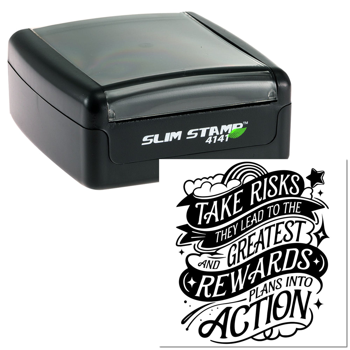 Black slim self-inking stamp with gray lid beside a bold black decorative seal reading Take Risks...
