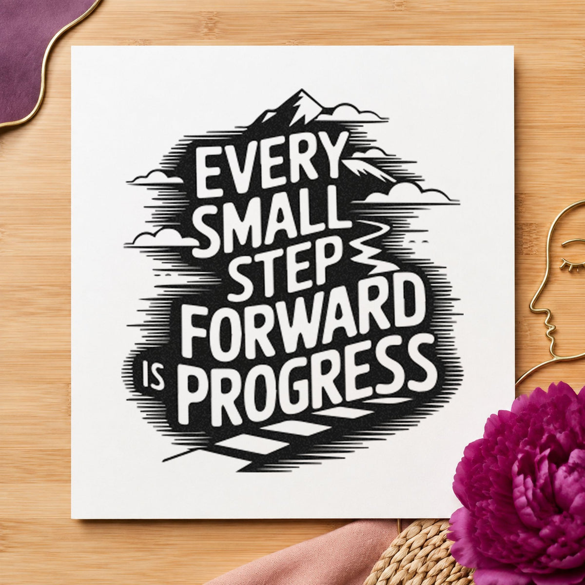 Every Small Step Progress craft stamp in black ink on cardstock, an easy option for snow learn album page.