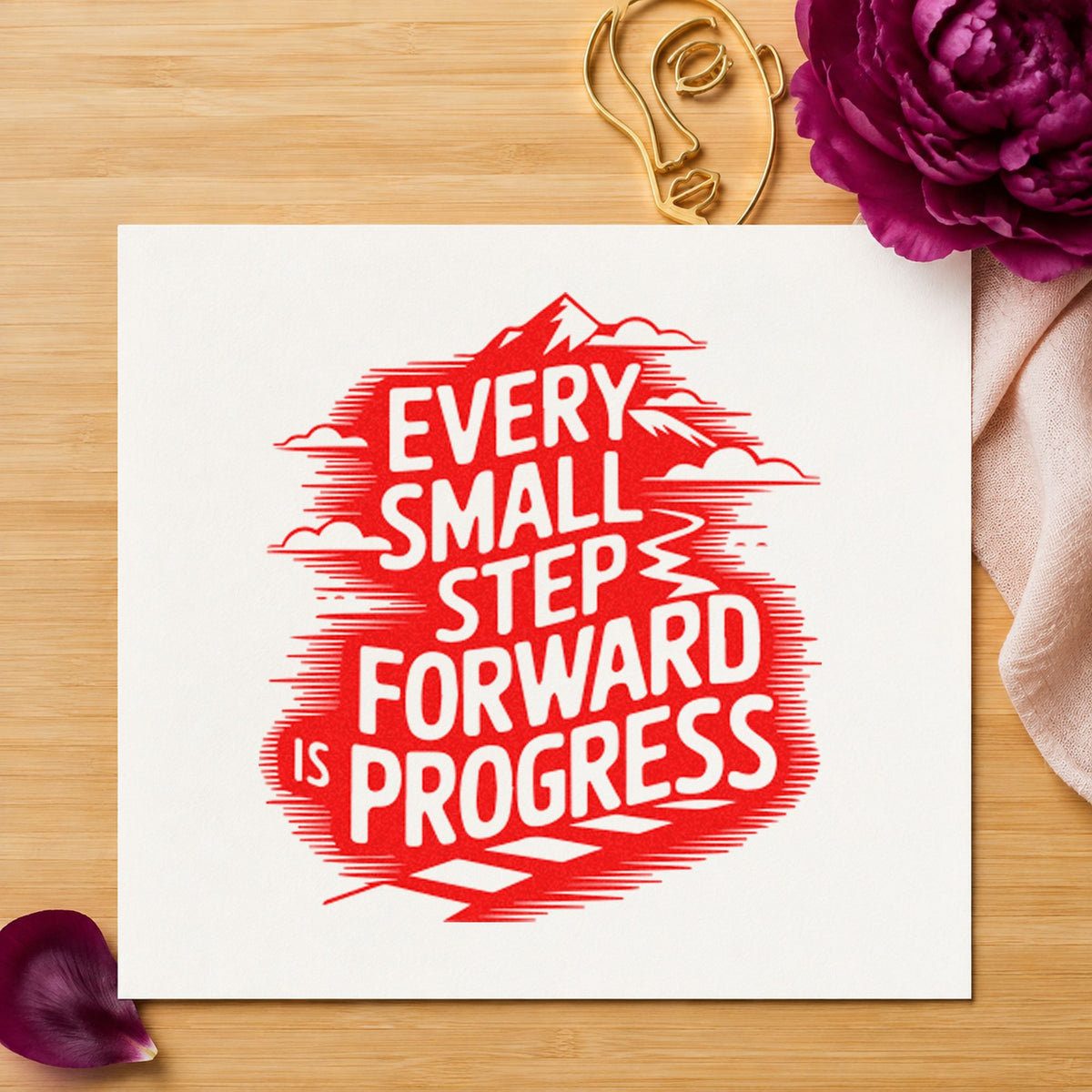 Every Small Step Progress craft stamp imprint in red ink on a handmade project, one idea being run goal cards.