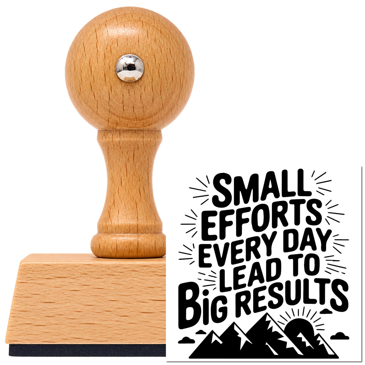 Vintage Pro beech wood stamp with a round knob handle, shown with its black Small Efforts Big Results imprint on white.