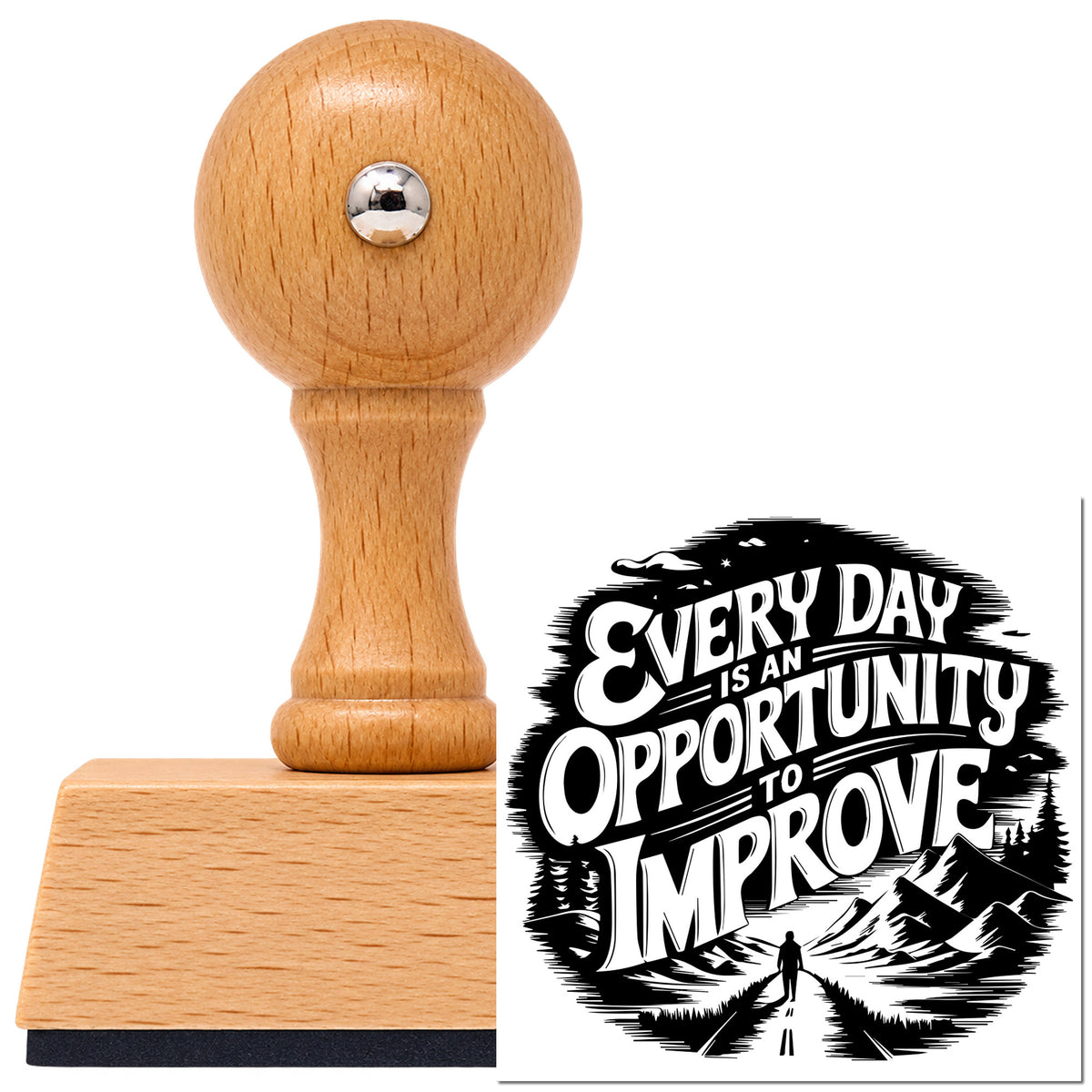 Vintage Pro beech wood stamp with a round knob handle, shown with its black Every Day Is An Opportunity To Improve imprint on white.