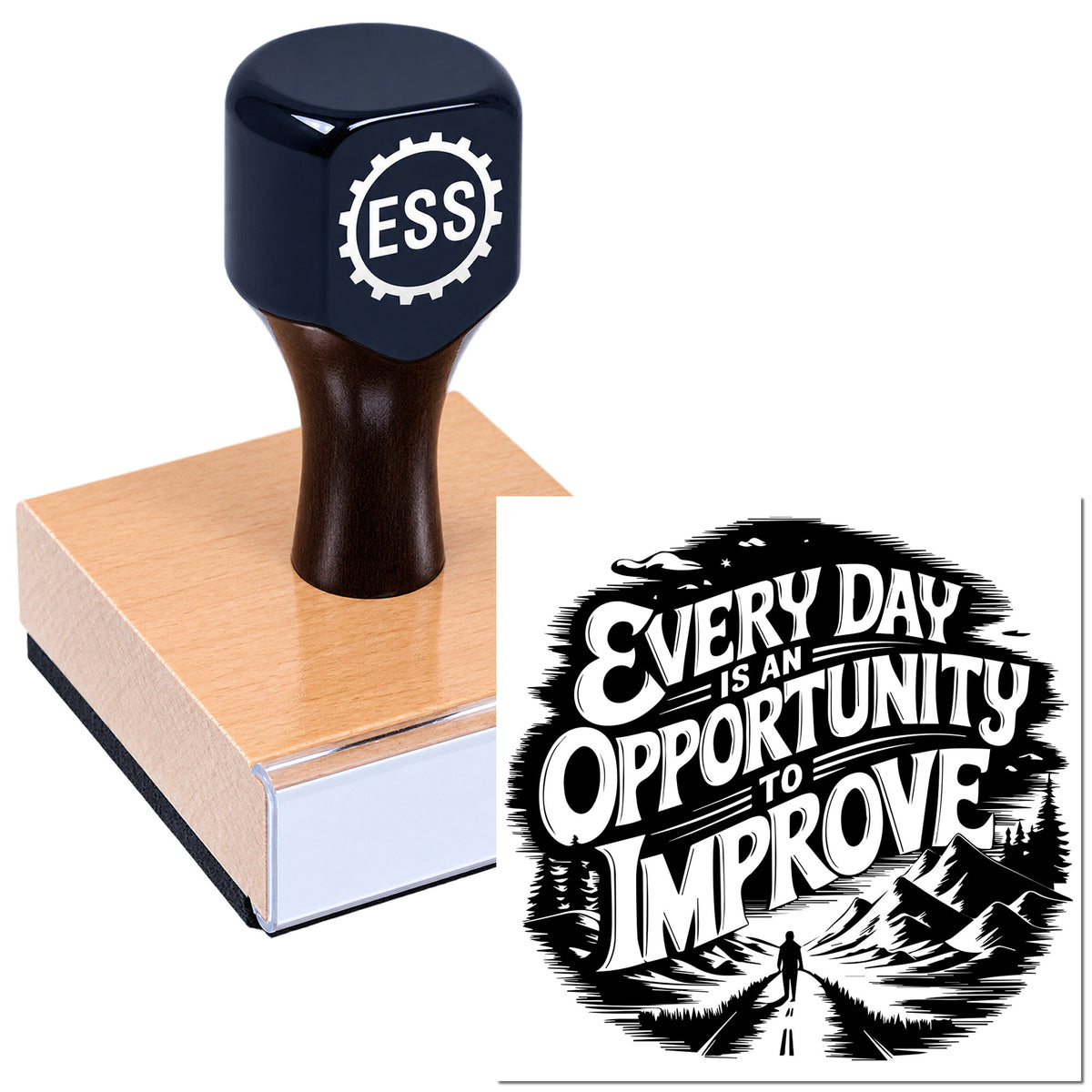 Navy rubber stamp and seal on wood block with black-and-white design reading "Every Day Is an Opportunity to Improve."
