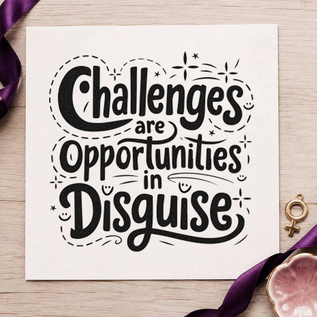 Challenges Opportunities In Disguise rubber stamp printed in black ink, ready for repair log sheet and similar paper crafts.