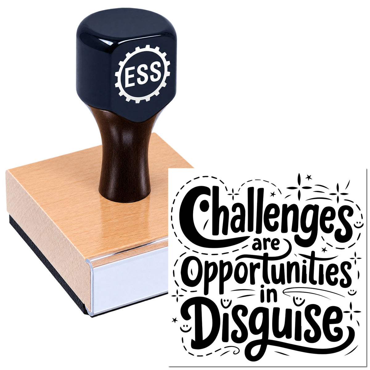 Black rubber stamp and seal on pink block, featuring "Challenges are Opportunities in Disguise" design.