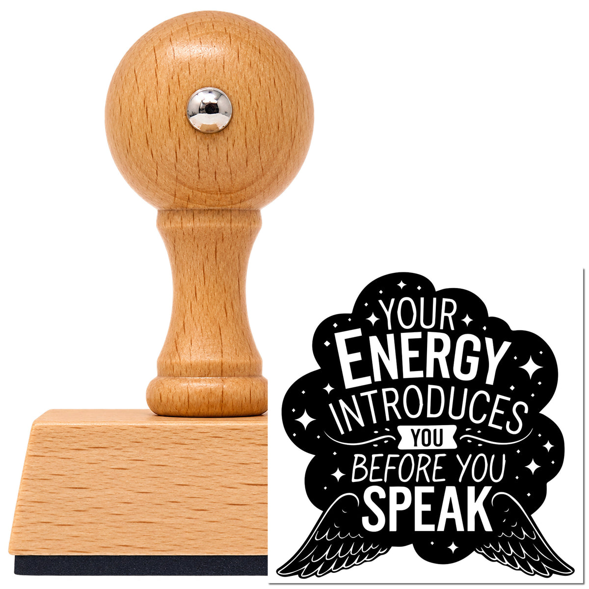 Vintage Pro beech wood stamp with a round knob handle, shown with its black Energy Introduces Before Speak imprint on white.