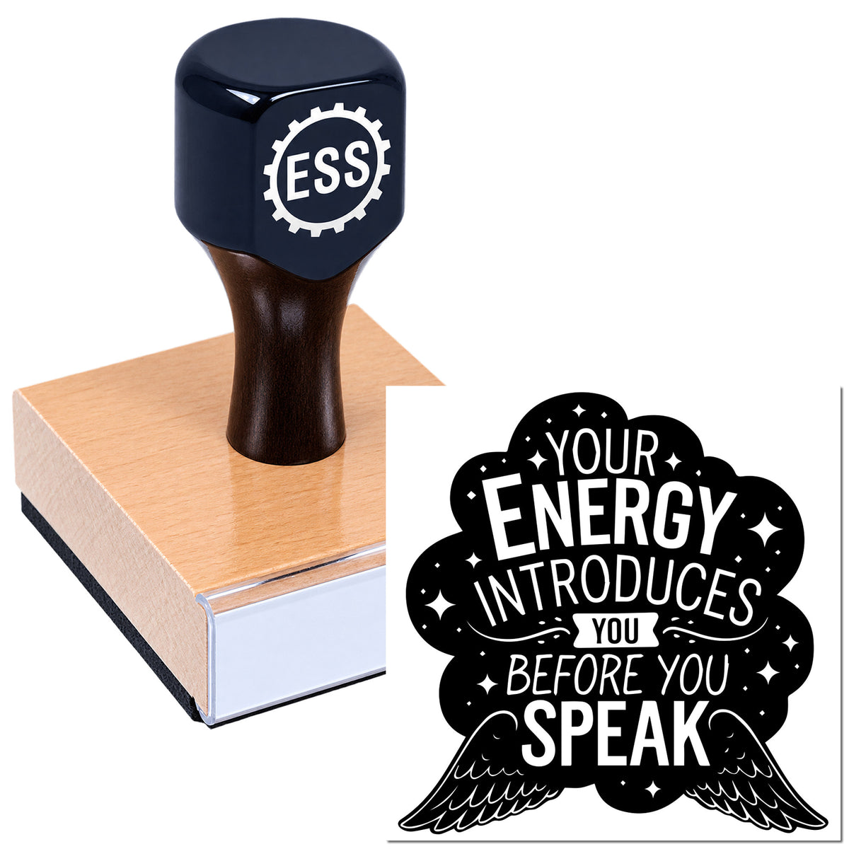 Dark navy rubber stamp on pink pad beside black-and-white seal reading "Your energy introduces you before you speak."