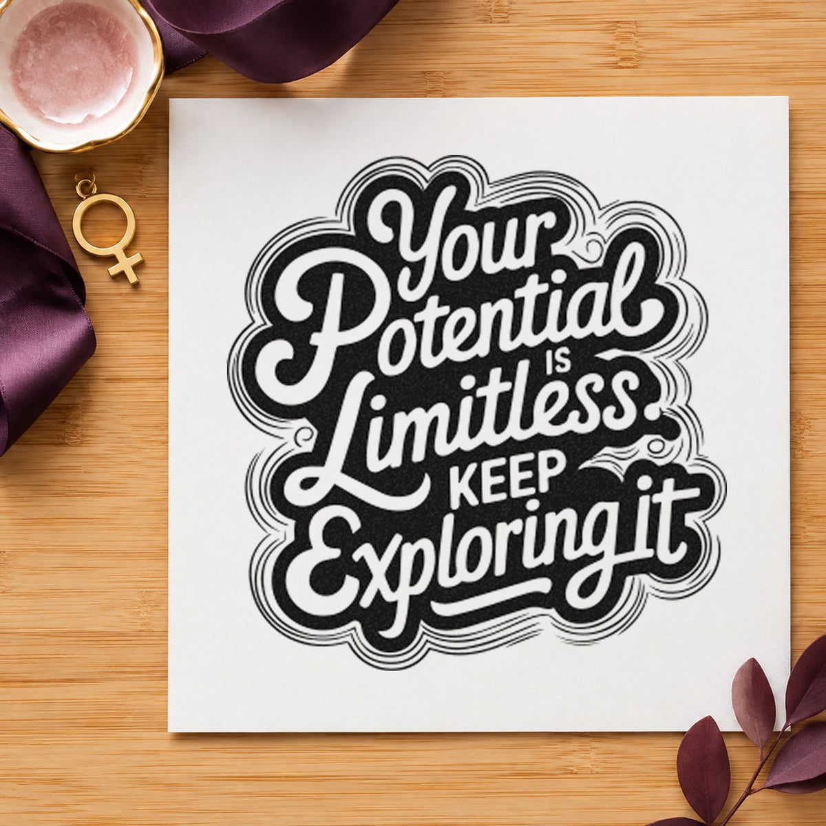 Your Potential Limitless Explore rubber stamp printed in black ink, ready for scalloped layer cards and similar paper crafts.