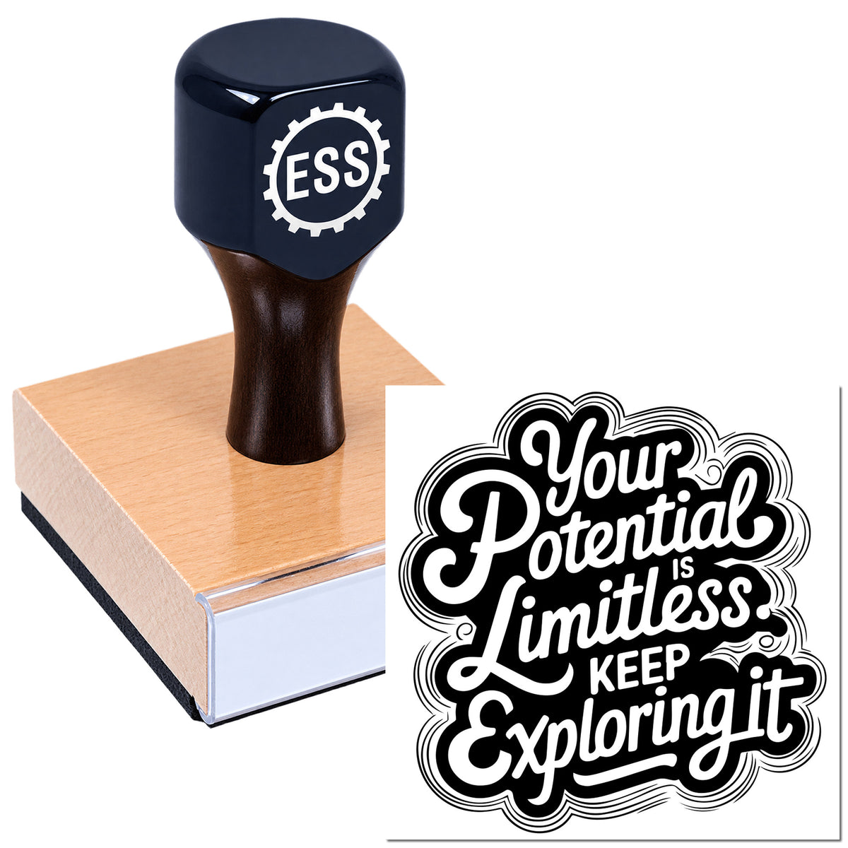 Black ESS stamp and seal on a pink mounting pad with bold black-and-white custom seal graphic