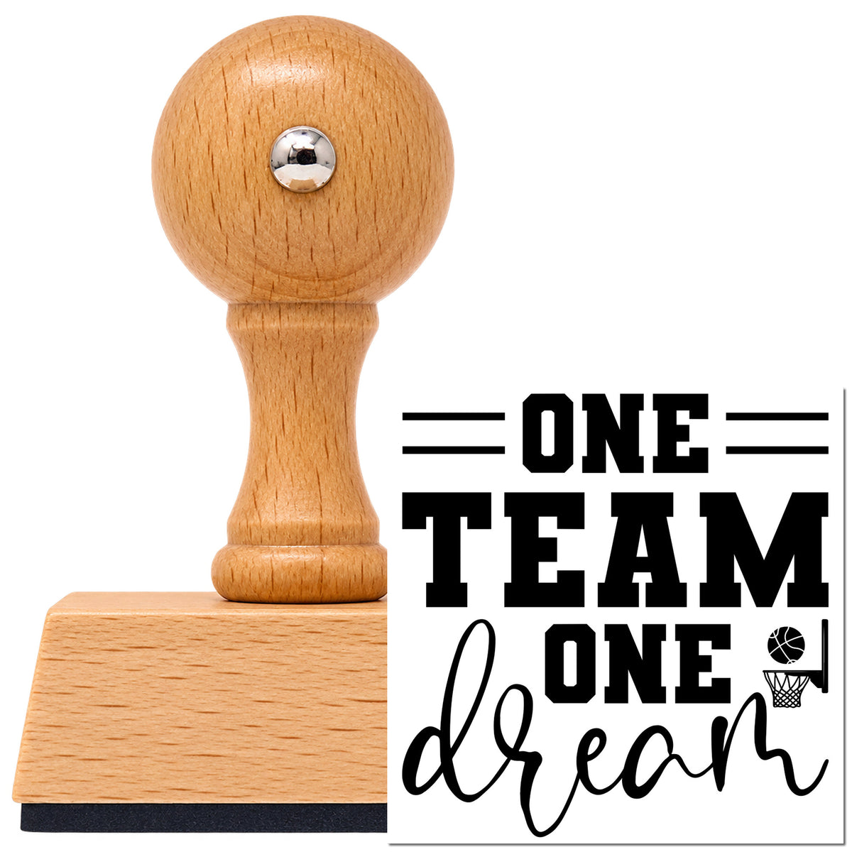 Vintage Pro beech wood stamp with a round knob handle, shown with its black One Team One Dream Basketball imprint on white.