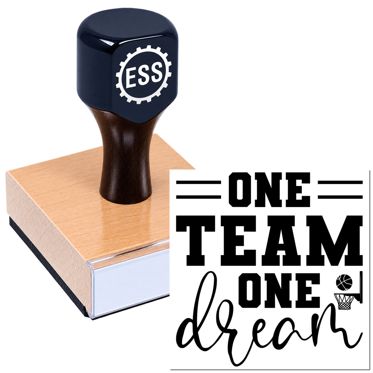 Black ESS hand stamp on pink seal block with "One Team One Dream" basketball design in black and white.
