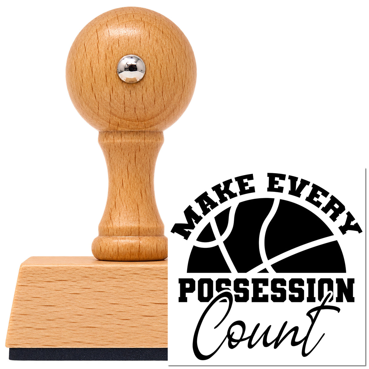 Vintage Pro beech wood stamp with a round knob handle, shown with its black Every Possession Count Basketball Arch imprint on white.
