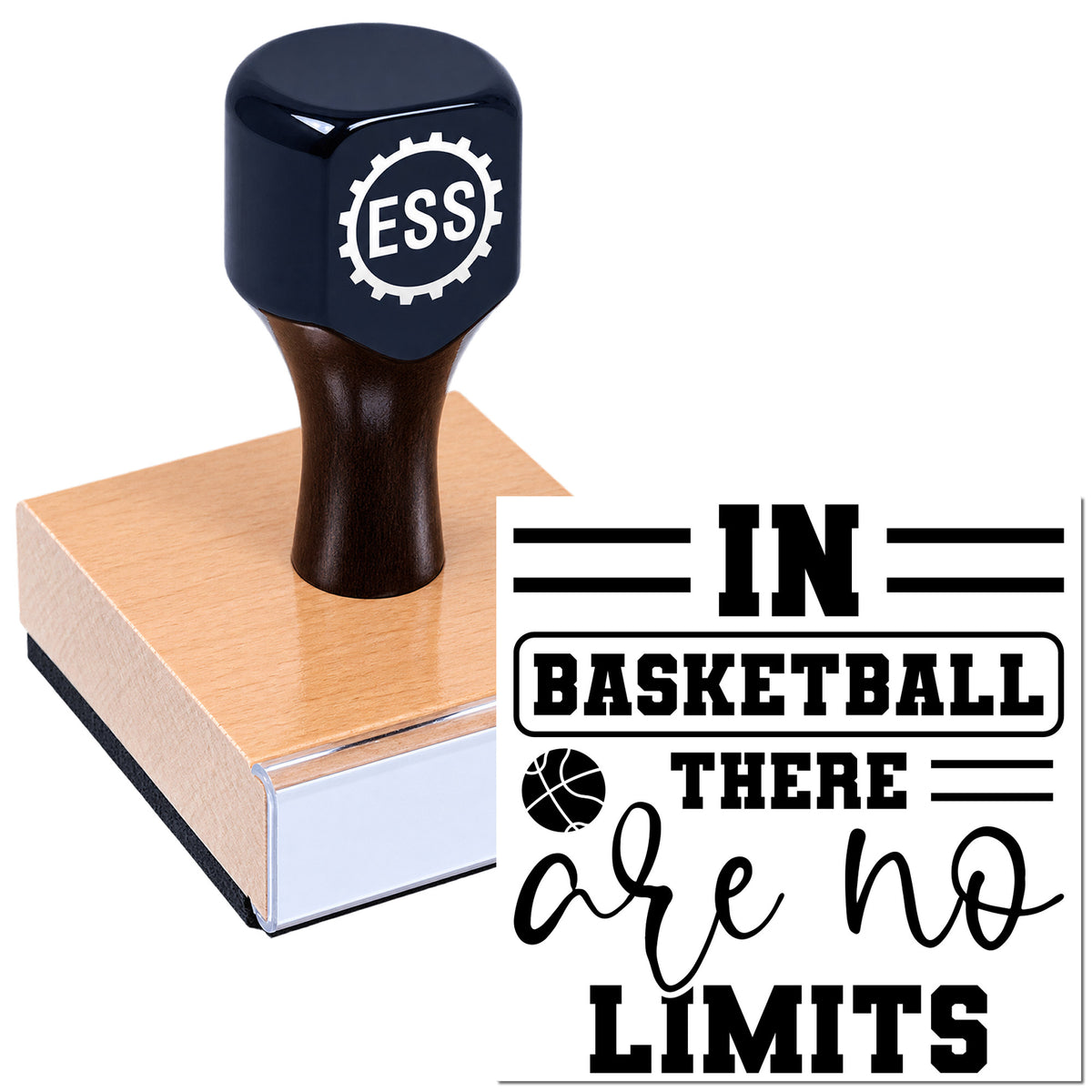 Black rubber stamp and seal with ESS logo on pink base, imprint reading "In Basketball There Are No Limits" with basketball icon.
