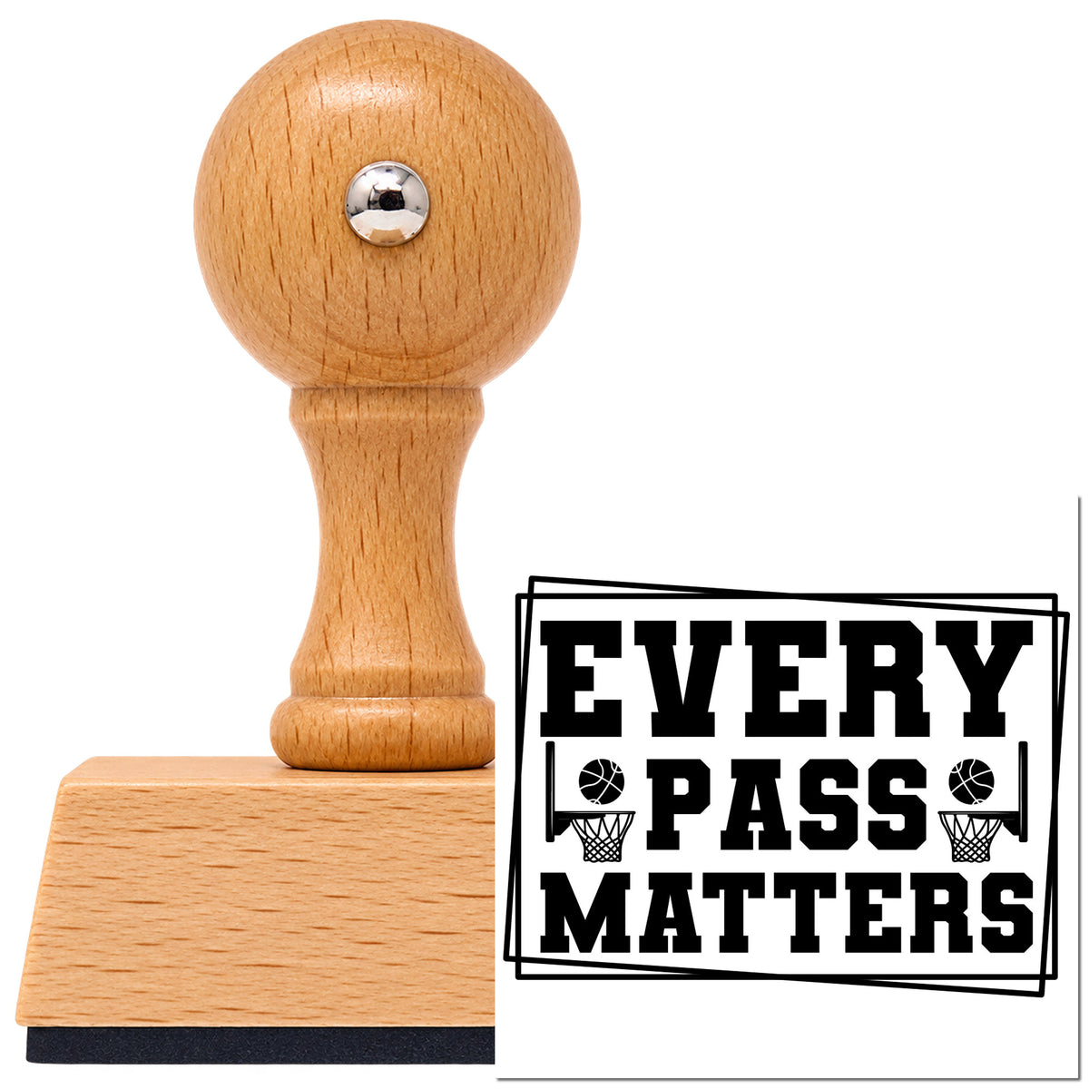 Vintage Pro beech wood stamp with a round knob handle, shown with its black Every Pass Matters imprint on white.