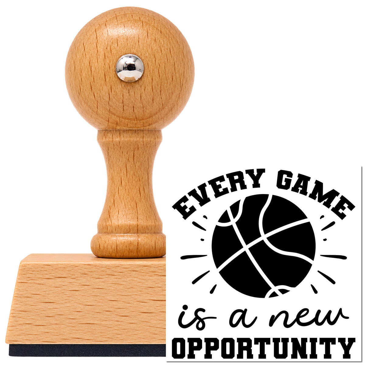 Vintage Pro beech wood stamp with a round knob handle, shown with its black Every Game New Opportunity imprint on white.