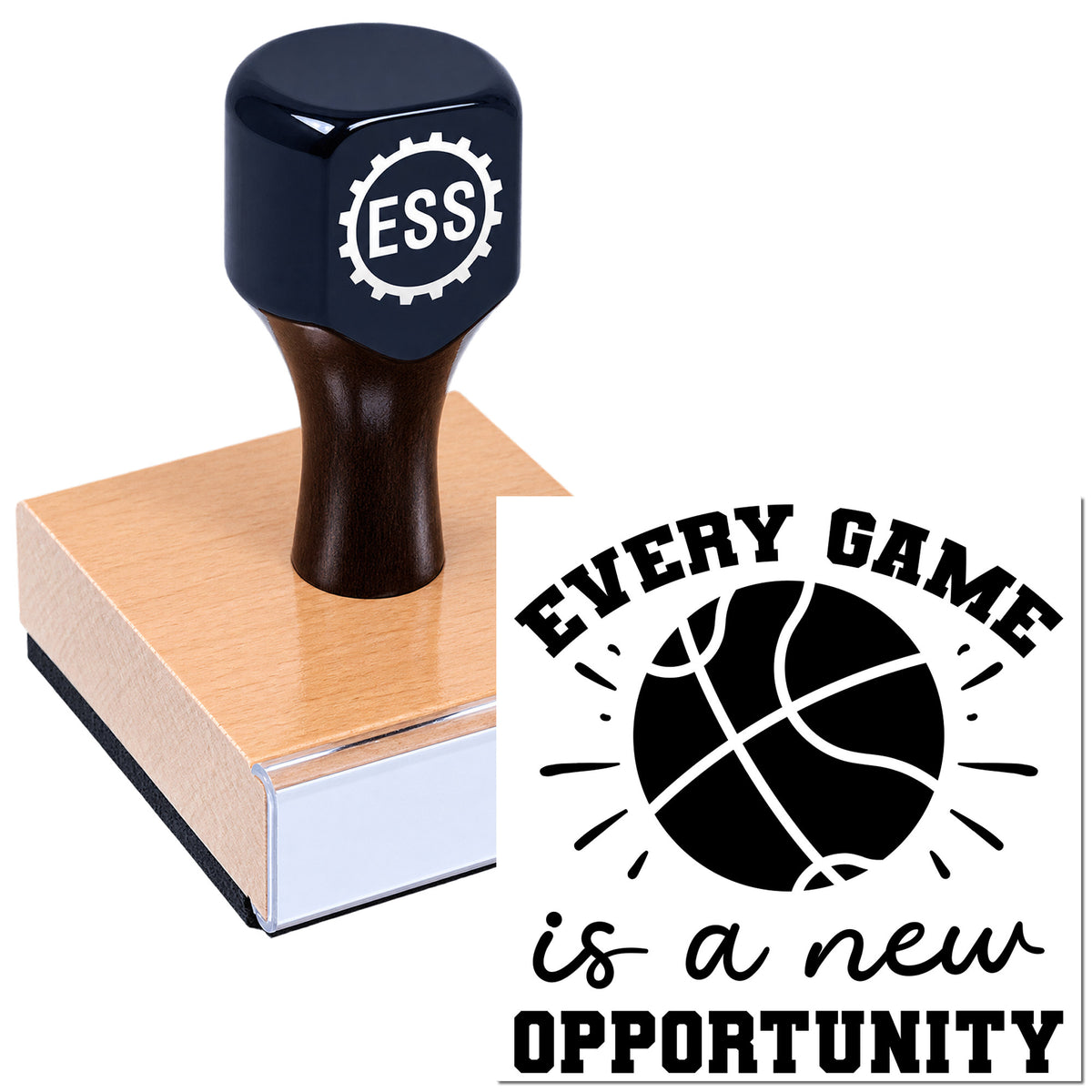 Dark navy ESSI stamp on a pink wood block with basketball seal reading "Every Game Is a New Opportunity."