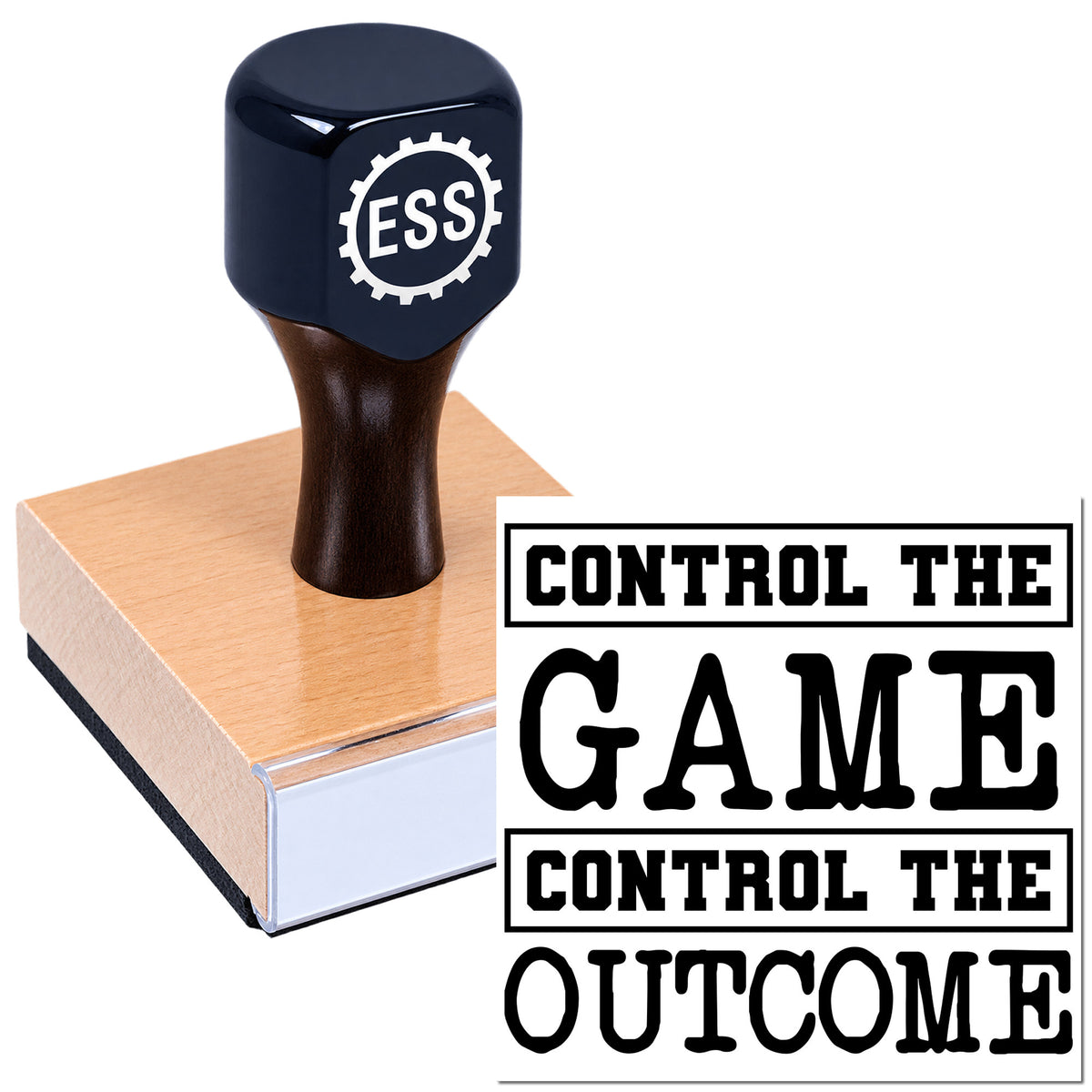 Dark blue rubber stamp with ESS gear logo on a pink block, beside black "CONTROL THE GAME/OUTCOME" seal text.