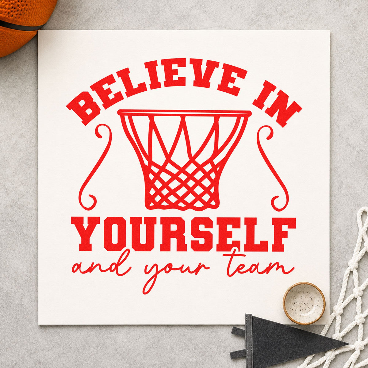Believe Yourself Your Team rubber stamp shown in red ink, stamped for projects such as bin stock labels.